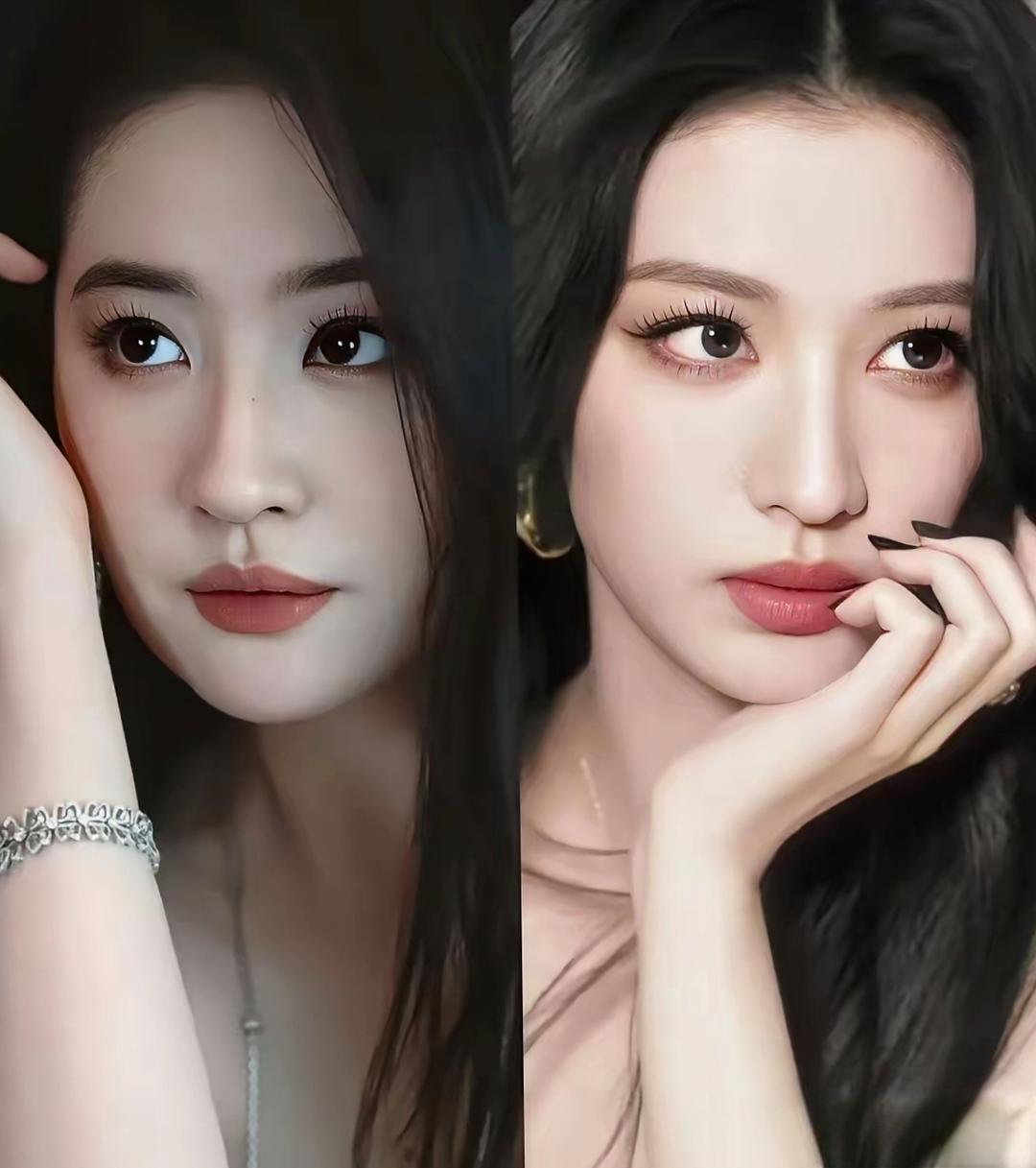 左边是刘亦菲，右边是王楚然，两位都是清冷挂的大美女。同样乌黑的长发，相似的托腮姿势，气质却各有味道。刘亦菲自带温柔仙气，眉眼温润舒展；王楚然干净疏离，透着一股灵秀清冷。一柔一静，各有各的惊艳，不愧是天选的淡颜系美人。闲聊八卦