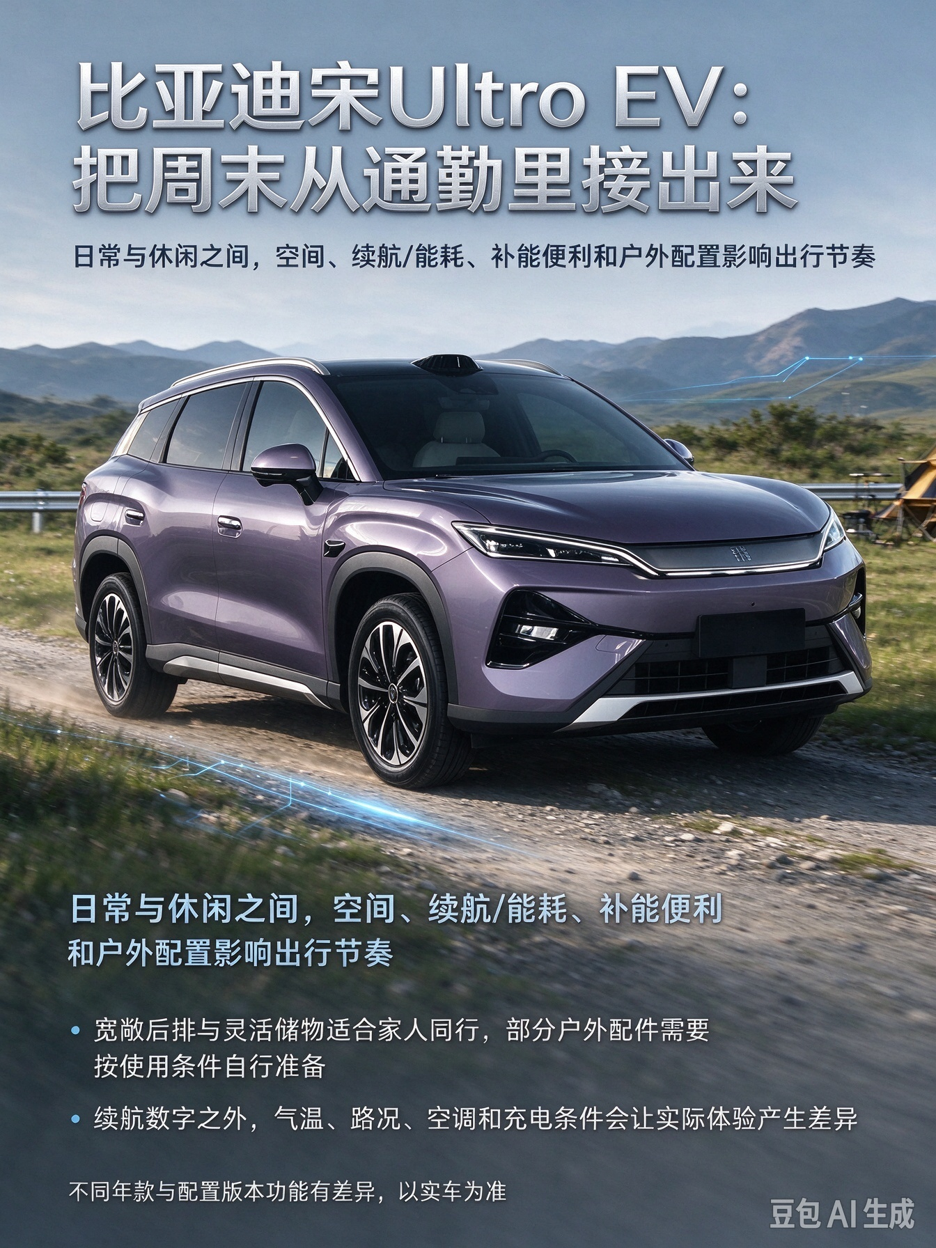 2027 款比亚迪宋 Ultra EV 是中型五座纯电 SUV，采用后置后驱布局，搭载电动车单速变速箱。外观大气舒展，长轴距带来宽裕车内空间。配备磷酸铁锂电池，续航表现不错，能耗控制良好，快充效率高。车内储物空间丰富，兼顾日常通勤与周末近郊出游，适合家用出行。【来自懂车帝车友圈】