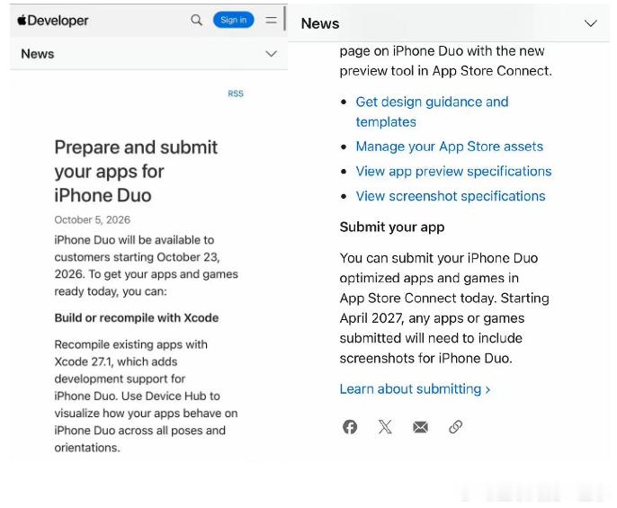 还得是苹果啊！

直接下命令必须适配iPhone Duo折叠屏手机，不适配不得上架或更新！

近日，苹果已经开放 iPhone Duo App 适配提交，开发者可以针对这款折叠屏 iPhone 准备适配版本，并按照相关要求提交审核。

苹果公布的适配指南显示，从2027年4月开始，开发者提交新 App 或应用更新时，都必须提供符 ​