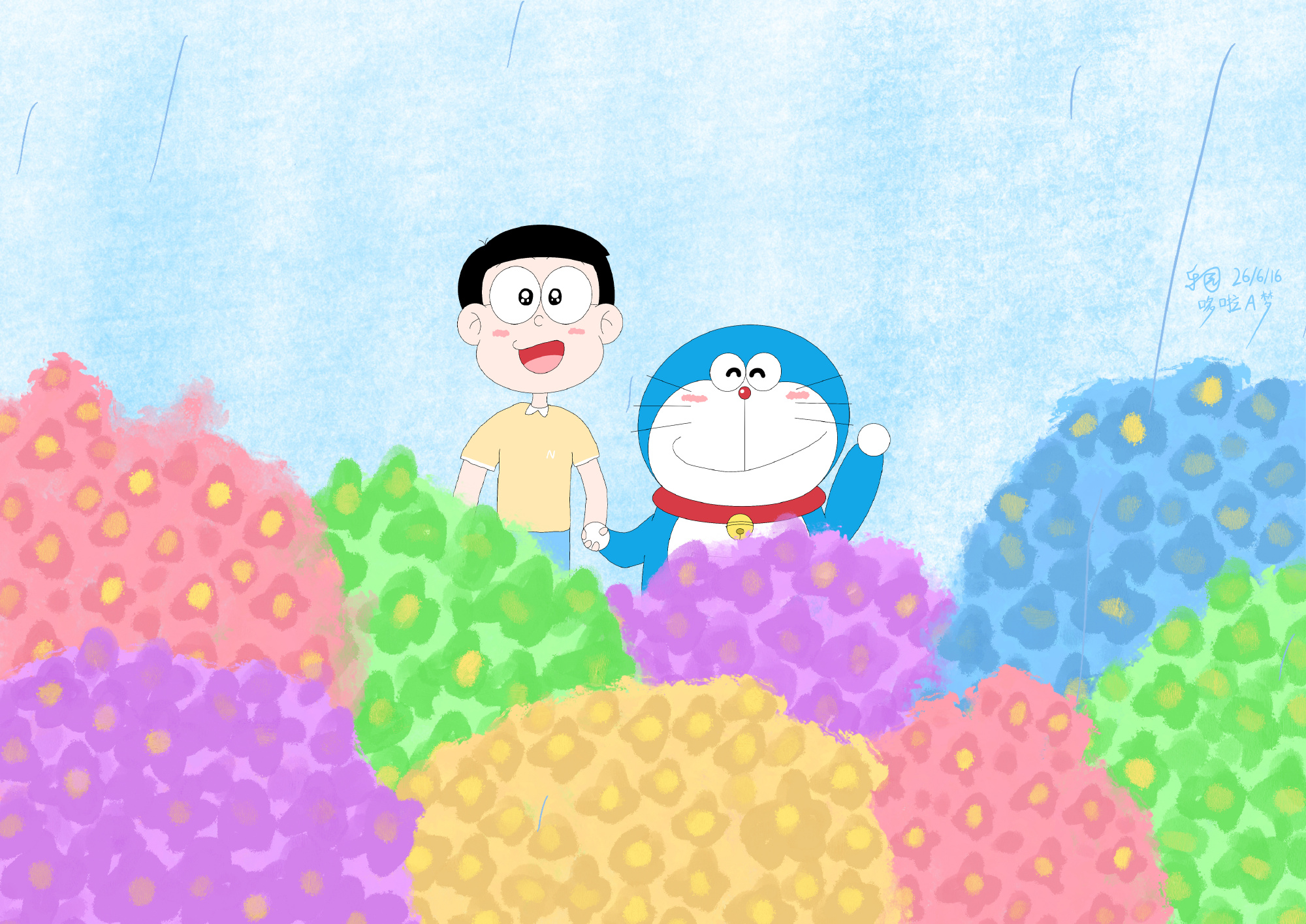 哆啦a梦绣球花间的笑容·手机电脑平板 本画作已适配手机、电脑、平板及折...