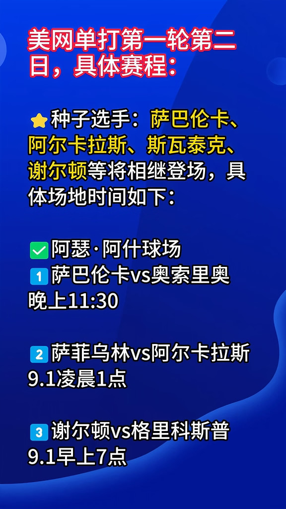 美网单打第一轮第二日，具体赛程