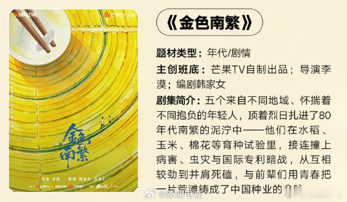 十五五重点剧目、湖南卫视年代剧《金色南繁》公布主创阵容，将由李漠（我在...