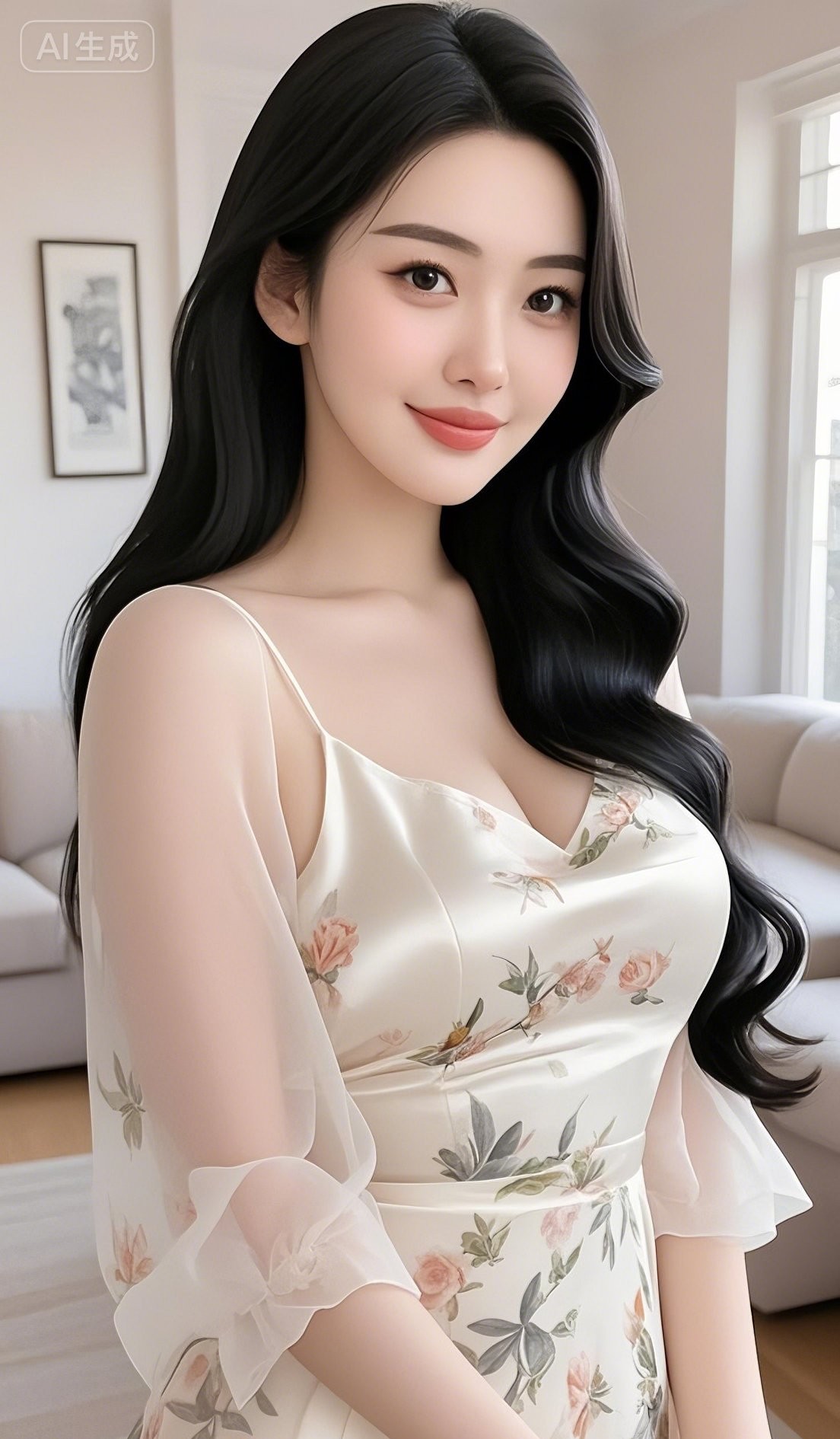 华人美女时尚优雅，甜美丰腴，笑靥迷人温柔。身着乳白居家印花纱裙，七分袖...