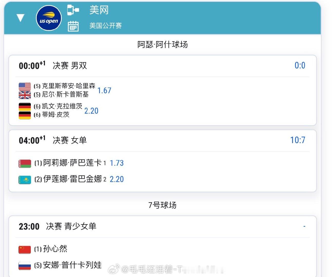 【20260912 美网第14 日比赛赛程+直播赛程】

23:00 孙心然 vs普什卡列娃
+4:00#萨巴伦卡vs莱巴金娜# 
（咪咕搜索毛毛还活着） ​