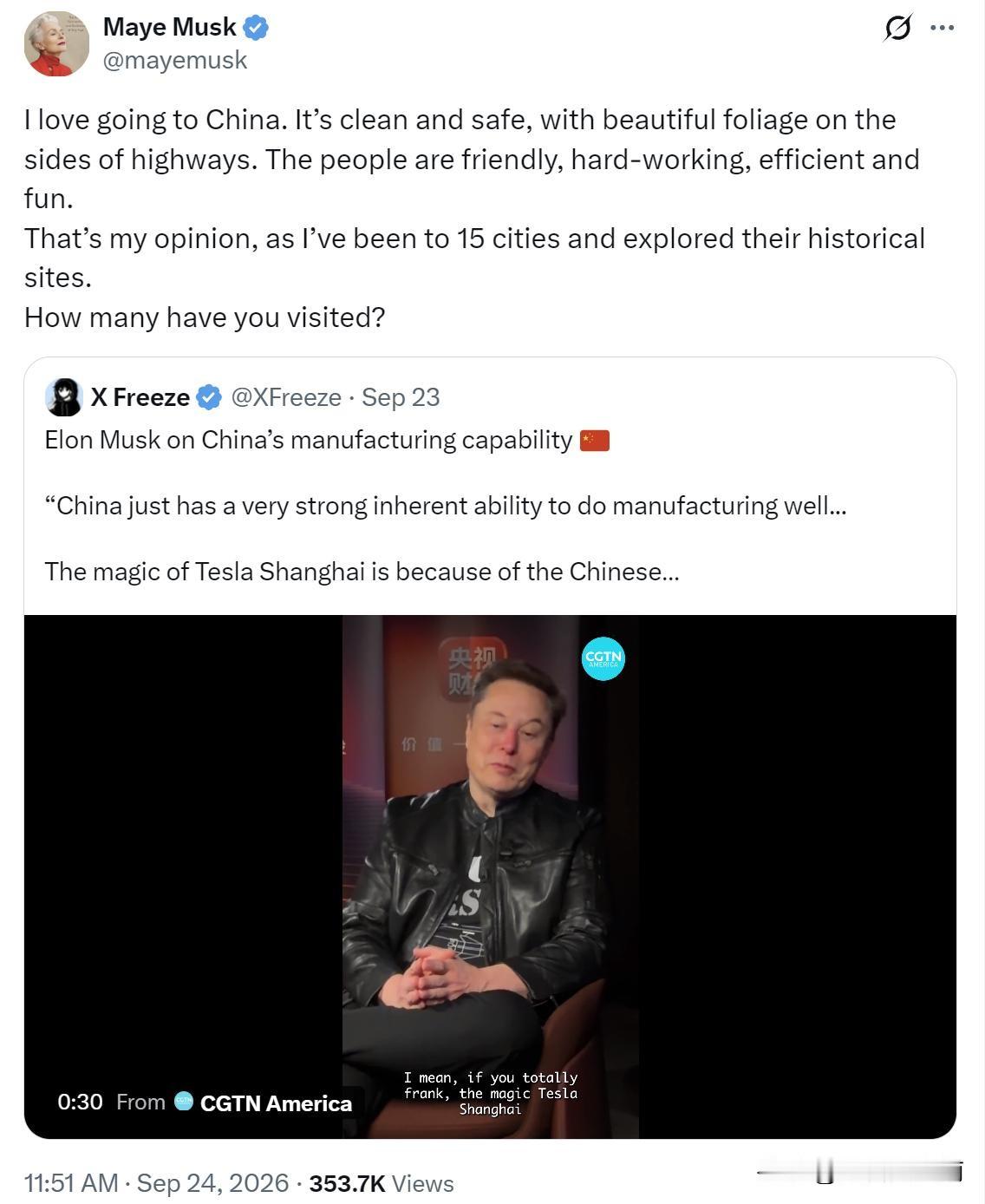 一位75岁的老太太，因为夸了中国几句，又在网上火了。她叫梅耶·马斯克，特斯拉老板埃隆·马斯克的母亲。北京时间9月24日，她在社交平台上写道，自己去过中国的15座城市，看过不少历史古迹，感受是那里干净、安全，高速路两边绿意盎然，老百姓热情友善，干活勤快，做事利索，还特别有幽默感。末了她还反问网友一句：