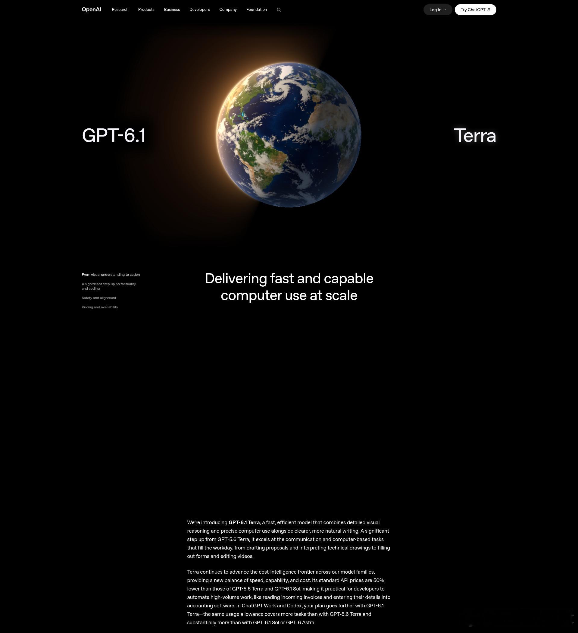 OpenAI 发布 GPT-6.1 Terra：偏读屏幕、点按钮、填表单这类电脑操作，API 标价较上代 Terra 系大约腰斩。官方还给出更快、更接近高端档的自评测数字——先当广告听。

这和我把浏览器交给 Grok Bot 是同一类活。值钱的不是恐吓式全能，是边界清楚：读资料、写草稿可以；发帖、发邮件、动真权限，必须过 ​
