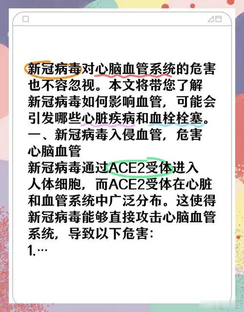 新冠如何影响心脑血管？
​新冠病毒主要通过ACE2受体进入细胞，而ACE2不仅存在于呼吸道，也广泛分布于心脏和血管内皮细胞。感染后，病毒可以触发一系列连锁反应：
炎症因子大量释放，内皮细胞被激活，凝血系统随之被推向“促凝状态”。
简单说，血液变得更容易凝固了。
​这种状态带来的后果是实在的。 ​