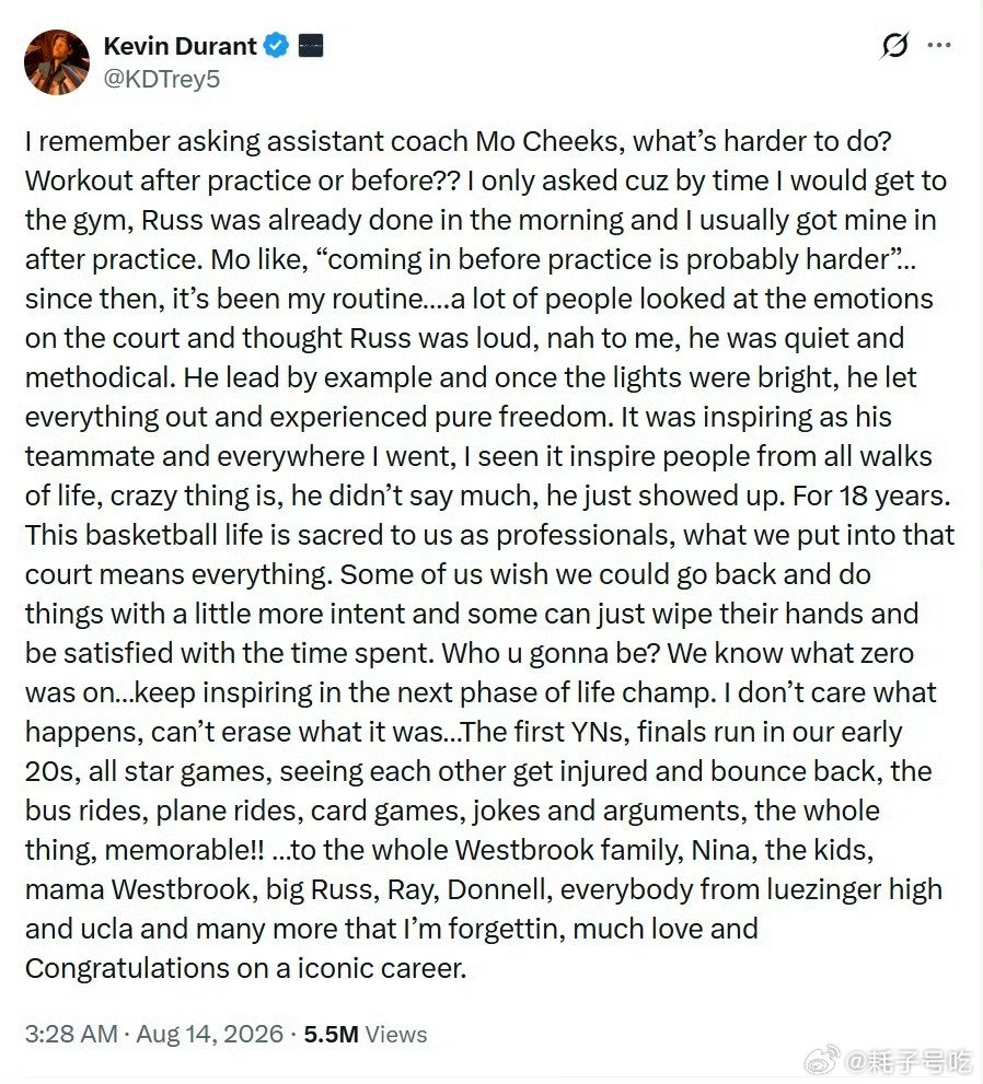威少退役第二天，杜兰特憋出一篇小作文。当年走的时候连招呼都不打，现在写...