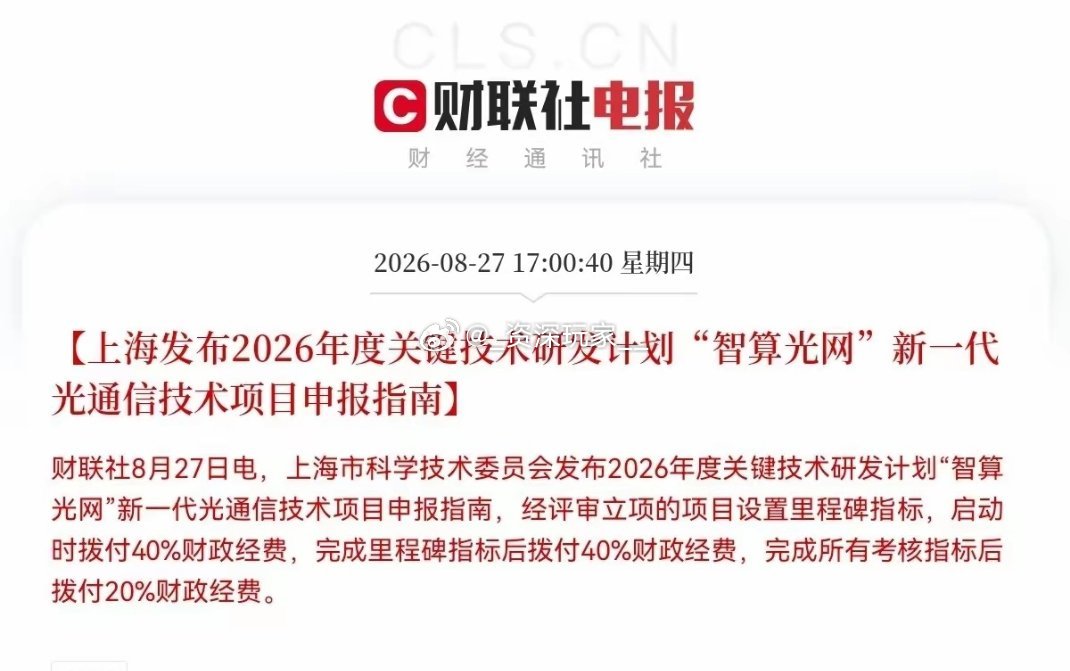 光通信大涨根源找到了🔥上海重磅政策落地
 
今天CPO、光纤光缆集体走强，背后催化来了！
 
上海科委发布「智算光网」新一代光通信技术申报计划
项目立项就拨付40%财政研发经费，阶段性完成再给40%，全部验收后发放剩余20%，真金白银扶持光通信技术攻关。
 
简单梳理三点影响：
1️⃣政策风向标，上海 ​