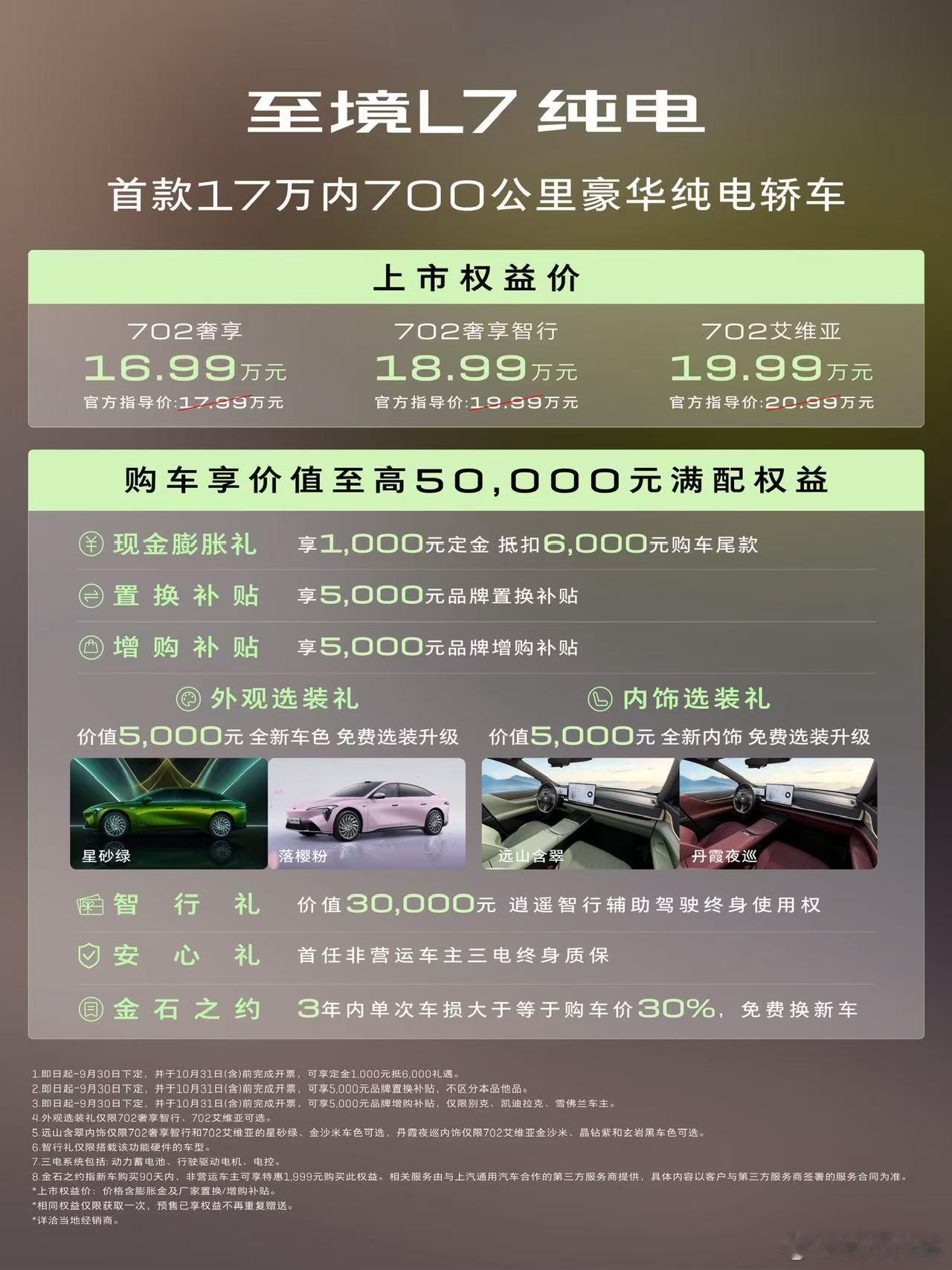 “两人的满配座驾”别克至境L7纯电现已上市！新车较预售价直降3万！上市权益价16.99万元—19.99万元，全系进入20万元内！
限时享价值至高50,000元满配权益！

行业首创55℃控温超快充，行业首创悬浮减压座舱
首款17万内700公里豪华纯电轿车
一起驶入满配新生活！

#别克至境L7纯电
##两个人的满配座驾# ​