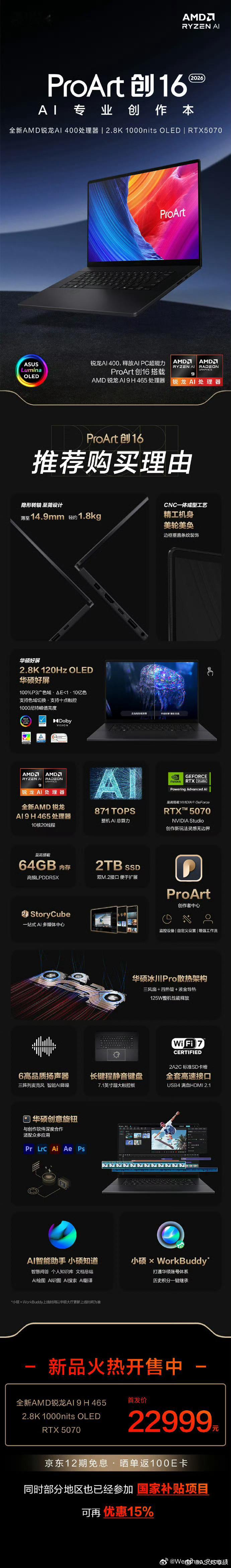 全新 华硕ProArt 创16 2026 现已开售！
● 搭载AMD锐龙 AI 9 H 465处理器，剪辑、AI 生成多任务可同时运行，减少加载等待，避免打断创作思路。
● 配置16英寸2.8K 1000nits OLED触控屏，不同光线环境下色彩表现稳定，触控交互适配修图调色，减少画面误判。
● 搭载RTX5070独立显卡，支持3D建模、光追渲 ​