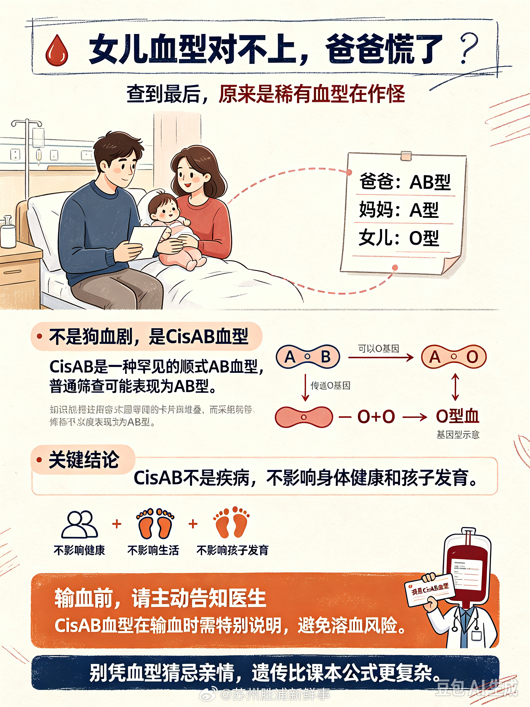 #医生回应AB型爸和A型妈生出O型娃#深圳这则新闻真的很有科普意义。王先生是AB型，妻子A型，刚出生女儿测出O型，瞬间心里犯嘀咕，到处查AI也没搞明白，直到去医院做进一步检测才解开误会。
 
原因是王先生属于罕见的CisAB（顺式AB）血型，普通筛查很容易被当成普通AB型。他的一条染色体同时带着A、B基因 ​