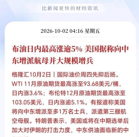 美军三艘航母又要往中东扎堆，还打算再塞进去一万名士兵，这阵仗看着像要动手。眼下离11月3号中期选举就剩一个月，外媒放风说选后“有可能”开打，消息一出布伦特原油直接涨了4.37%，市场先慌了。但我看这更像一场精心设计的施压表演。美国国内通胀还没压下去，真开战油价还得往上窜，选票先得崩。航母不是去打仗的