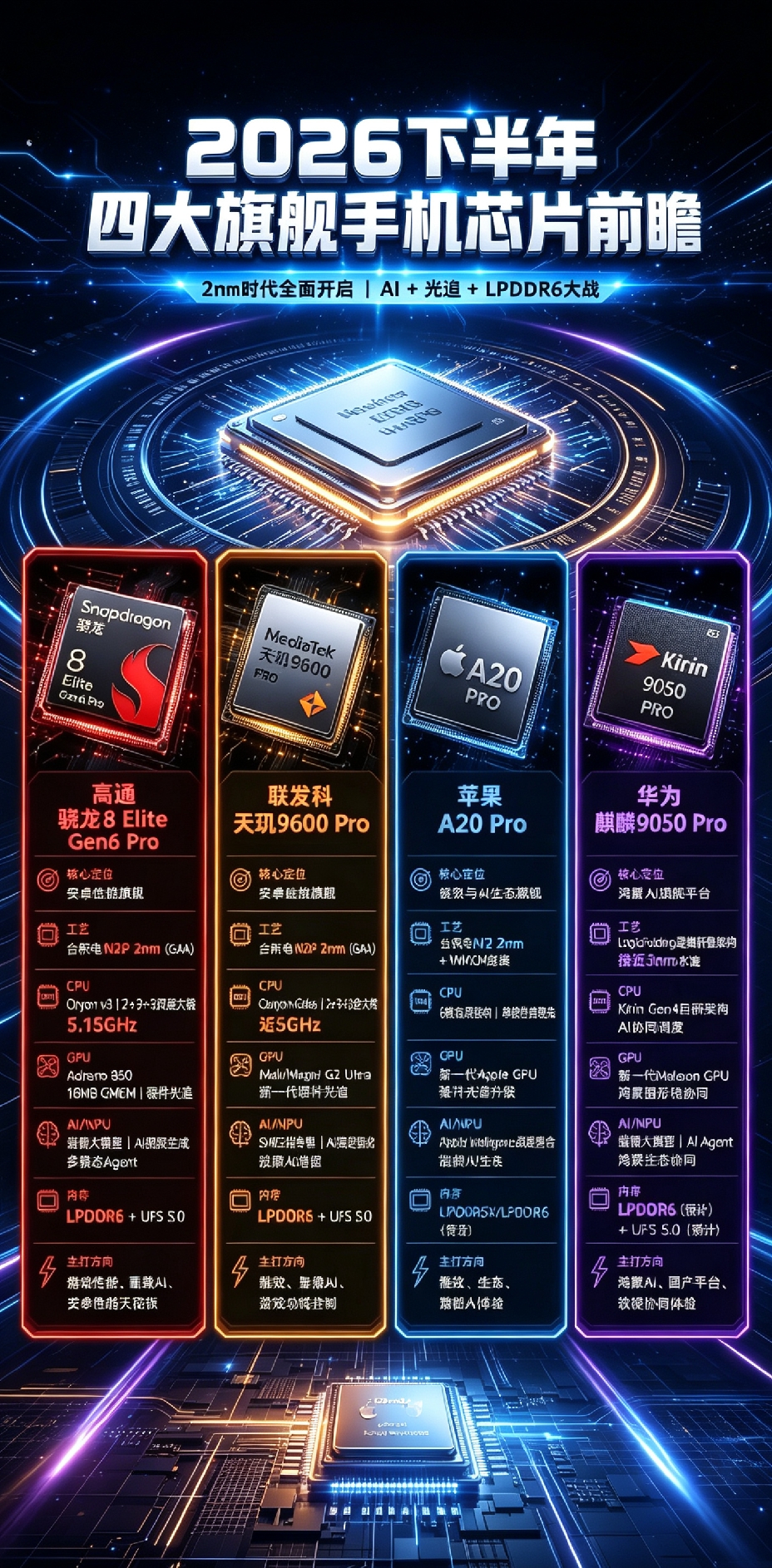 2026下半年四大旗舰芯片🔥买新机必看干货
 
2nm时代正式开战📱
高通｜联发科｜苹果｜华为四大旗舰芯片前瞻
打算换手机的宝子直接收藏这篇！
 
🔴高通 骁龙8 Elite Gen6 Pro
✅定位：安卓性能天花板
📐工艺：台积电N2P 2nm
CPU主频冲到5.15GHz，GPU性能拉满
主打重