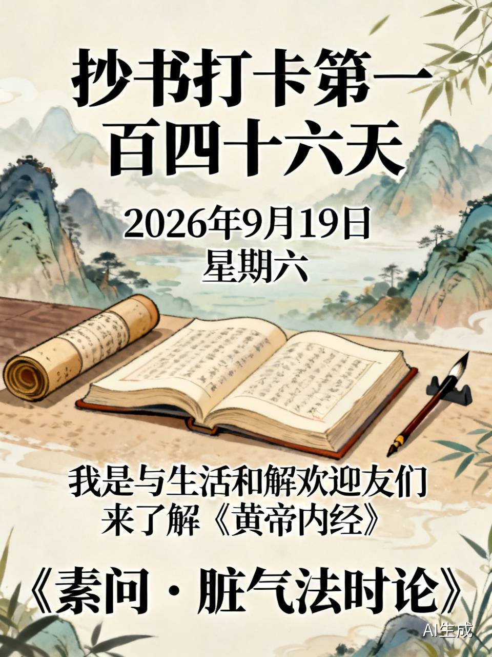 抄书打卡第一百四十六天：
今天是2026年9月19日，星期六，我是与生活和解欢迎友友们来了解《黄帝内经》
《素问•脏气法时论》
帝曰：愿卒闻之。
岐伯曰：肝主春，足厥阴少阳主治，其日甲乙，肝苦急，急食甘以缓之。心主夏，手少阴太阳主治，其日丙丁，心苦缓，急食酸以收之。脾主长夏，足太阴阳明主治，其日戊己