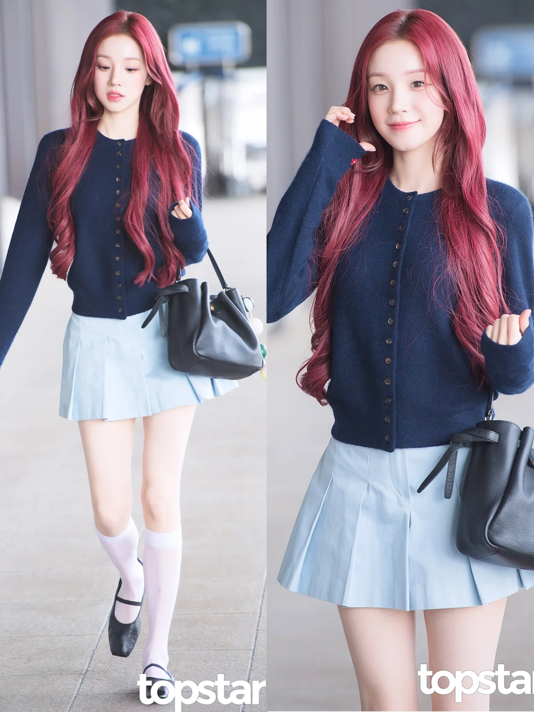 宋雨琦今日机场私服，红发蓝裙好吸睛