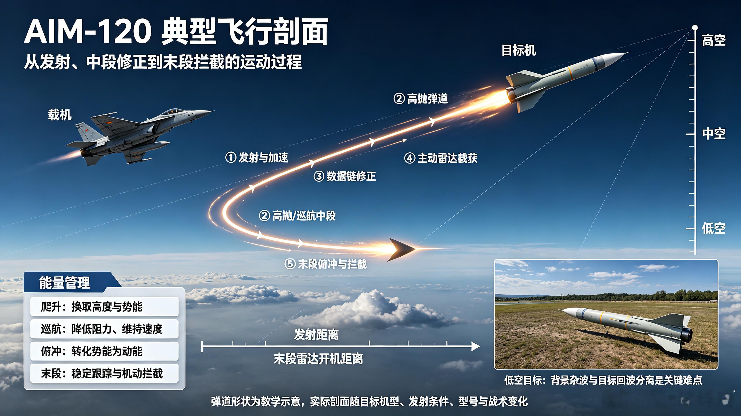AIM‑120“阿姆拉姆”是美军主力超视距空空弹，采用惯性+数据链修正、末端主动雷达制导，最高速度约4马赫，D型优化弹道后最大射程可达160千米，具备“发射后不管”与多目标接战能力，适配F‑15、F‑16、F‑35等机型。弹体配备破片战斗部，抗干扰性能较强，C系列缩短弹翼，可装入隐身战机内置弹舱。

在 ​