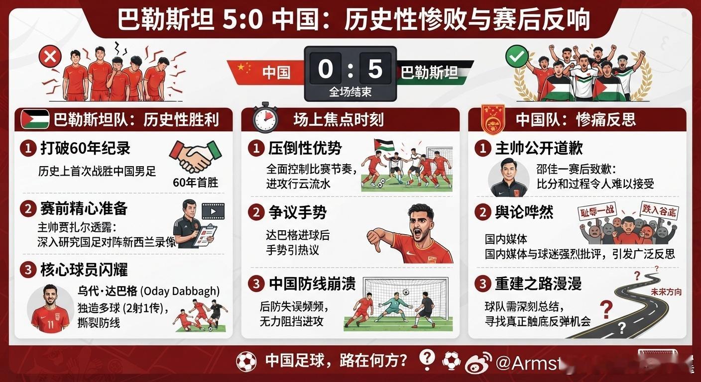 国足0-5惨败巴勒斯坦后，巴勒斯坦球员乌代·达巴格为进球后拇指向下的争议手势道歉，称是个人习惯而非有意冒犯。  一、核心争议点- 手势引发解读：2026年10月2日，国足在友谊赛中0-5惨败给巴勒斯坦