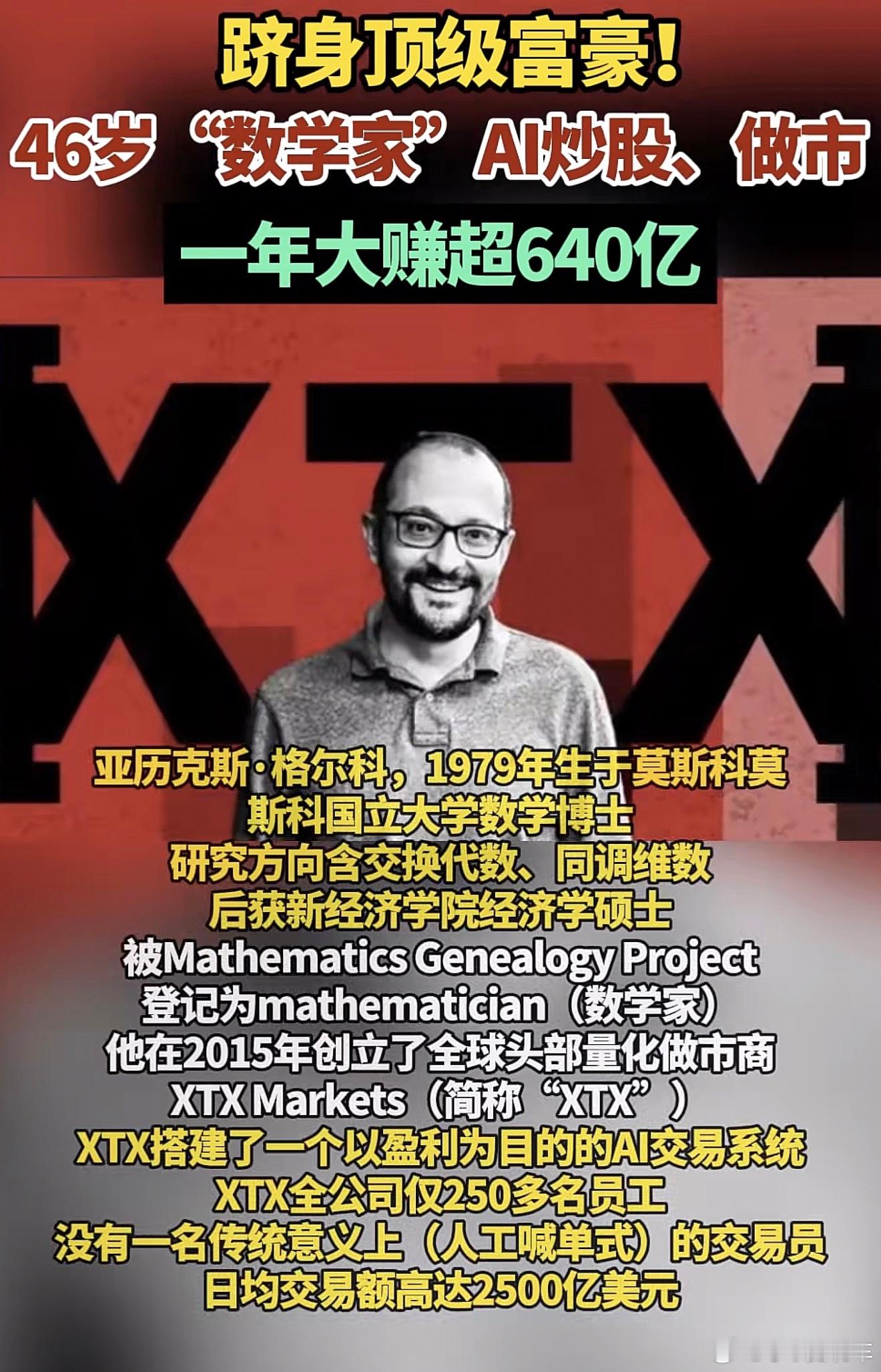 #46岁数学家凭AI炒股登上富豪榜#
很多人看完这个新闻，以为随便拿个AI就能进场炒股暴富。
46岁数学博士Alex Gerko创立XTX，仅250多名员工，靠AI量化做市，日均交易2500亿美元。公司不面向普通散户，背后是海量金融数据、GPU算力和深厚数学模型。

这不是普通人可用的AI炒股工具，是机构级的底层交易系 ​