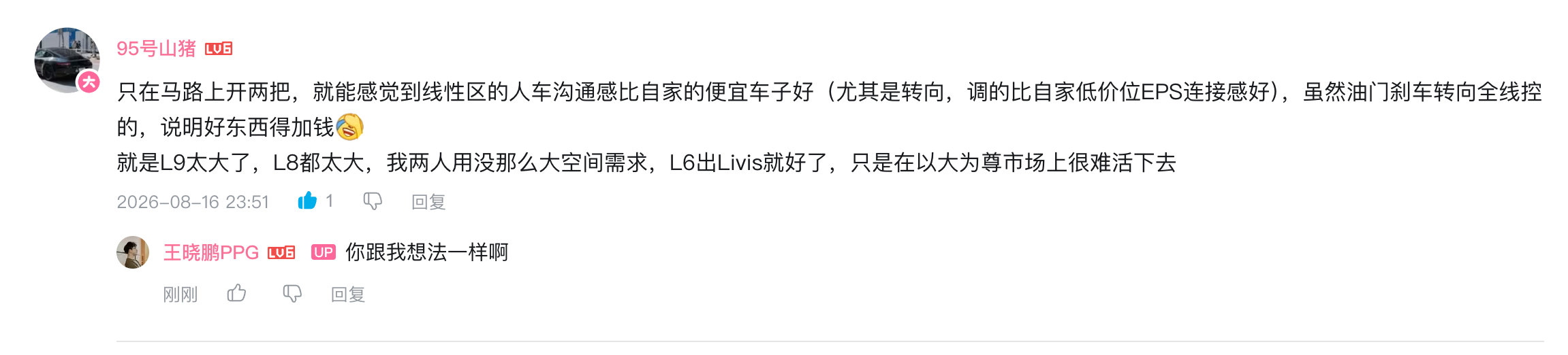 好的技术，大家都能感受得到，就是可能大家也慢慢趋于理性了，合适尺寸的家庭车能不能在未来回归？就是那种三排应急坐人的L6 6座版livis ？ ​