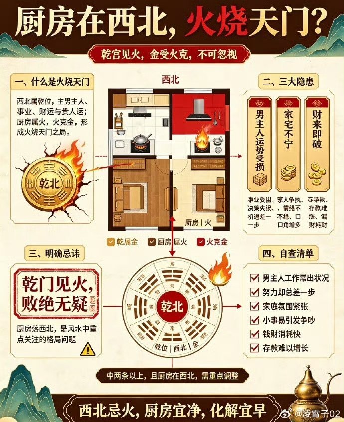 厨房在西北，火烧天门？乾宫见火，不可忽视！很多人装修时没注意方位，等住进去才发现——厨房偏偏落在了房子的西北角。这在风水上有一个专门的说法：“火烧天门”。一、什么叫“火烧天门”？西北方在八卦中属乾位，代表家中男主人、事业、财运和贵人运。乾属金，而厨房五行属火。火克金，等于一把火烧到了天门口。二、“火烧天门”的三大隐患男主人运势受损——乾位代表家中男主人，受火克则事业发展受阻、决策失误增多。家宅不宁——火气冲撞乾宫，容易引发口角争执、家人情绪不稳。财来即破——乾为财库门户，被火一烧，钱存不住、花得快、漏得多。三、这不是“有点不好”，而是明确的大忌讳⚠ 注意：厨房位于西北方的住宅，不是“有点不好”，而是风水学中明确标注的大忌讳。古人云：“乾门见火，败绝无疑。”这不是吓唬人，是千百年来总结的经验规律。四、这些情况，你中了几条？实际生活中，很多朋友反馈：家里男人最近工作总出状况，明明很努力却总是差一步；家庭氛围莫名紧张，一点小事就能吵起来；赚的钱莫名其妙就花了出去，存款一直涨不起来。如果以...