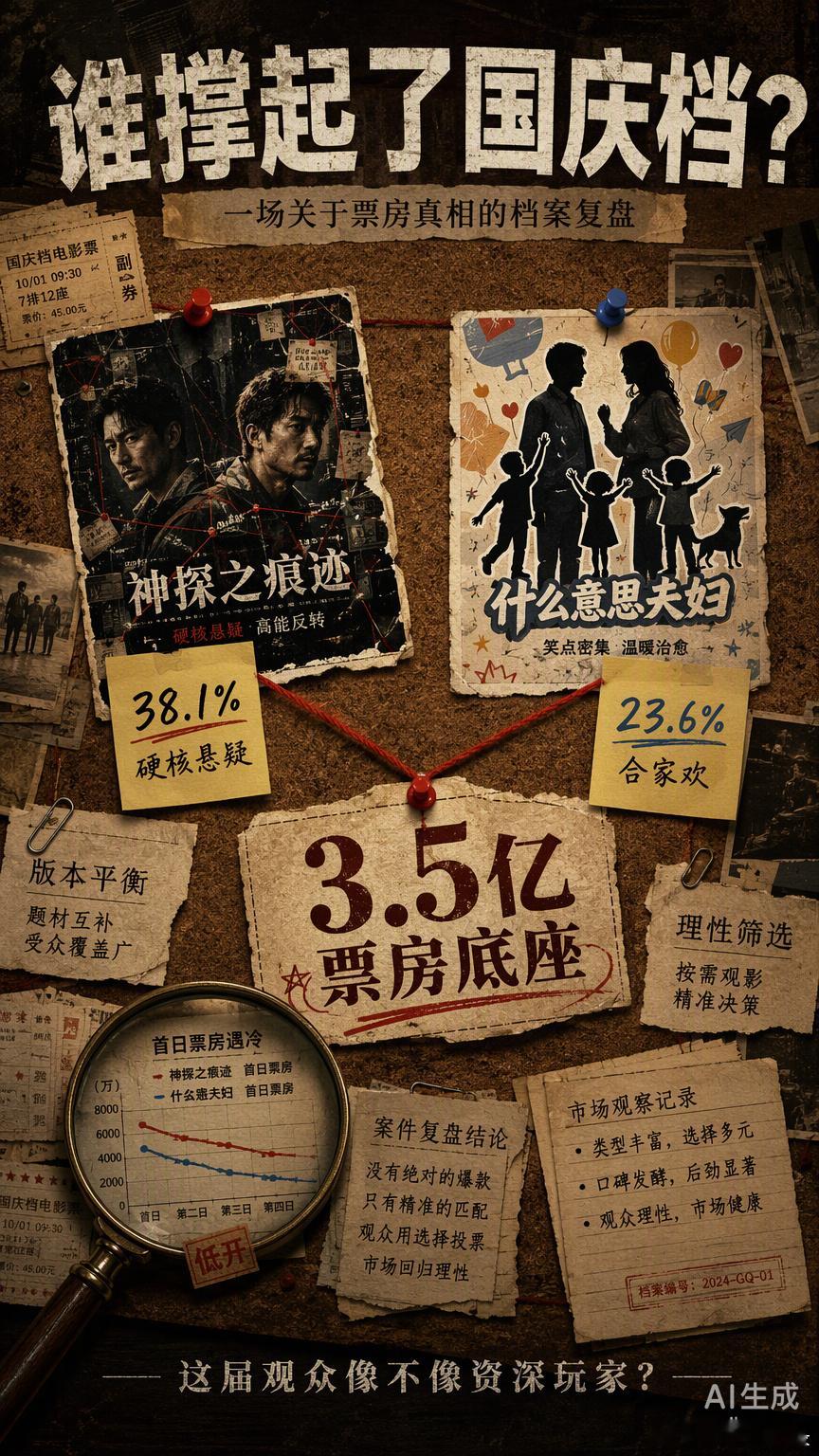 国庆档这3.5亿票房，与其说是大盘回暖，不如说是观众在“版本环境”里做出的理性筛选。《神探之痕迹》和《什么意思夫妇》两部片子合力拿下了超六成票房，这种“一超一强”的格局，像极了游戏里经过几次平衡性调整后留下的最优解。一个靠硬核的剧情逻辑抓住成年观众的爽点，一个靠低门槛的合家欢喜剧提供假期解压的刚需。相比之下，那些指望靠明星堆砌或者大场面硬撑的片子，这次明显有点“水土不服”。首日票房创近13年新低，说明大家不再盲目为“宣发特效”买单，而是更看重内容本身的“含金量”。这届观众越来越像资深玩家，不盲目追高，也不被花哨的PV忽悠，只愿意把时间花在真正能带来情绪价值或逻辑满足的作品上。在波动的大盘里找确定性，这种对口碑的较真，才是维护电影市场这个“服务器”稳定运行的硬核底座。谁撑起了国庆3.5亿票房日常