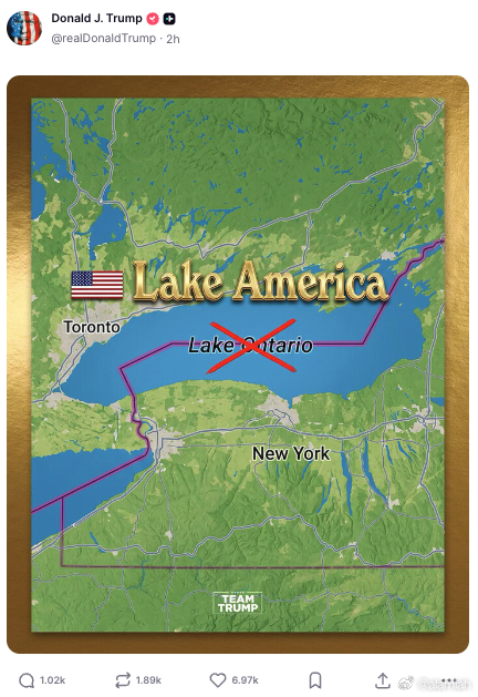 特朗普周二上午在其社交媒体平台Truth Social上发文称，他正在考虑将安大略湖（Lake Ontario）改名为“美国湖”（Lake America）。
五大湖——休伦湖、安大略湖、密歇根湖、伊利湖和苏必利尔湖——由五个淡水湖组成，储存了全球约五分之一的地表淡水。以安大略省命名的安大略湖，与美国纽约州和宾夕法 ​