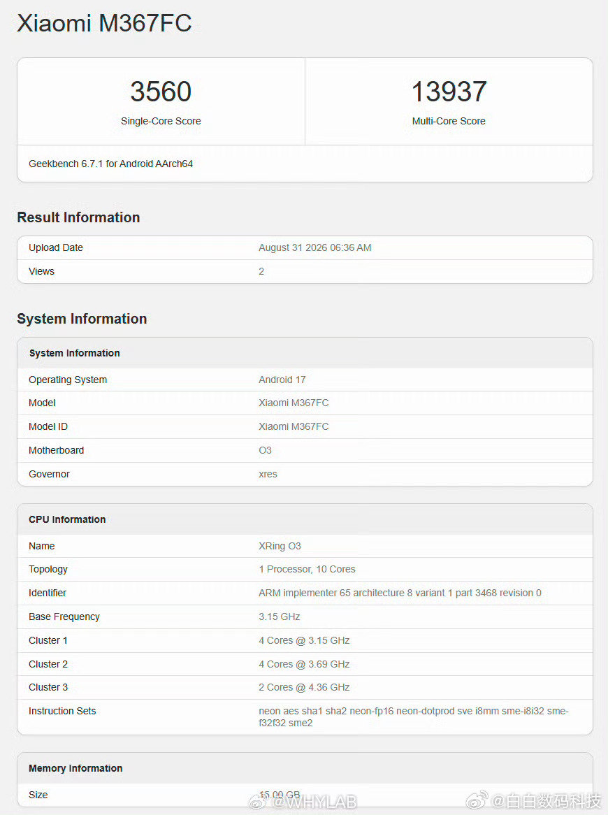 小米平板 9 Pro Max 的 Geekbench6 跑分出炉，型号 Xiaomi M367FC，搭载小米第二代自研芯片玄戒 O3，10 核全大核架构（2×4.35GHz C1‑Ultra+4×3.68GHz C1‑Premium+4×3.15GHz C1‑Pro），单核 3560 分，多核 13937 分。 ​​​