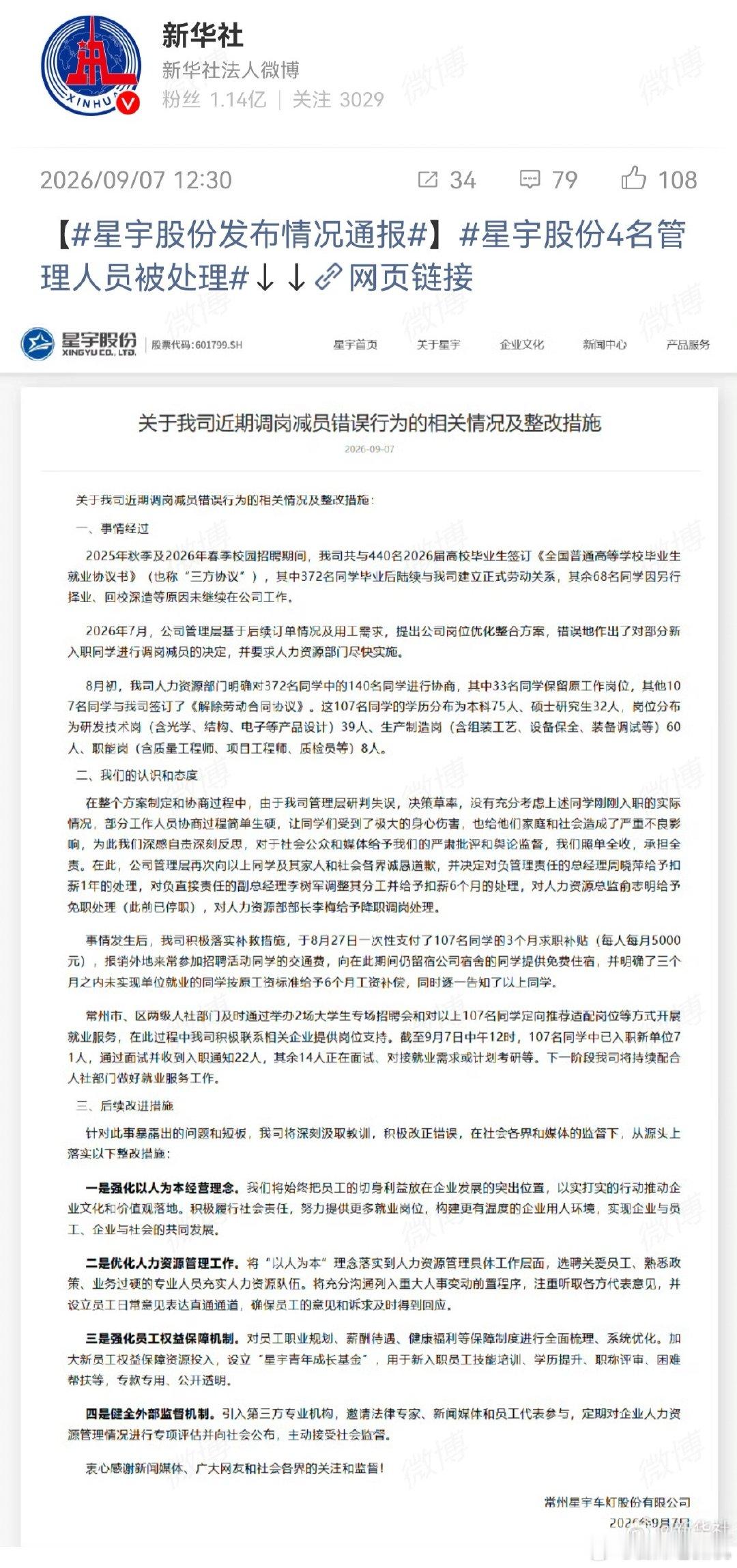 #星宇股份发布情况通报# 星宇股份总经理等4名管理人员，被处理！这个闹的沸沸扬扬的事件，终于一锤定音，告一段落！ ​