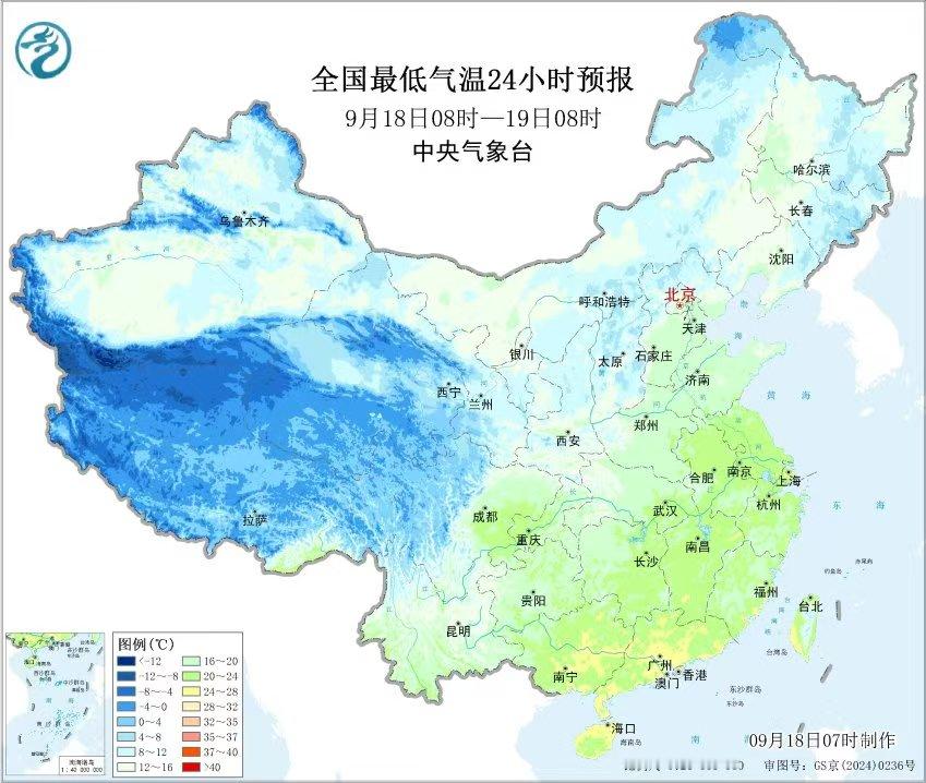 9月18日全国气温预报，台风杜鹃走向更新
 
 
9月18日08时到19日08时全国最低气温预报。

青藏高原、西北部分地区最低气温低于12℃。华北东北早晚温度低，外出需要添衣服。南方大部分地区气温偏高，整体比较舒适。
 
今年第25号台风杜鹃，目前是强热带风暴，后续会加强到台风级别。

台风整体朝