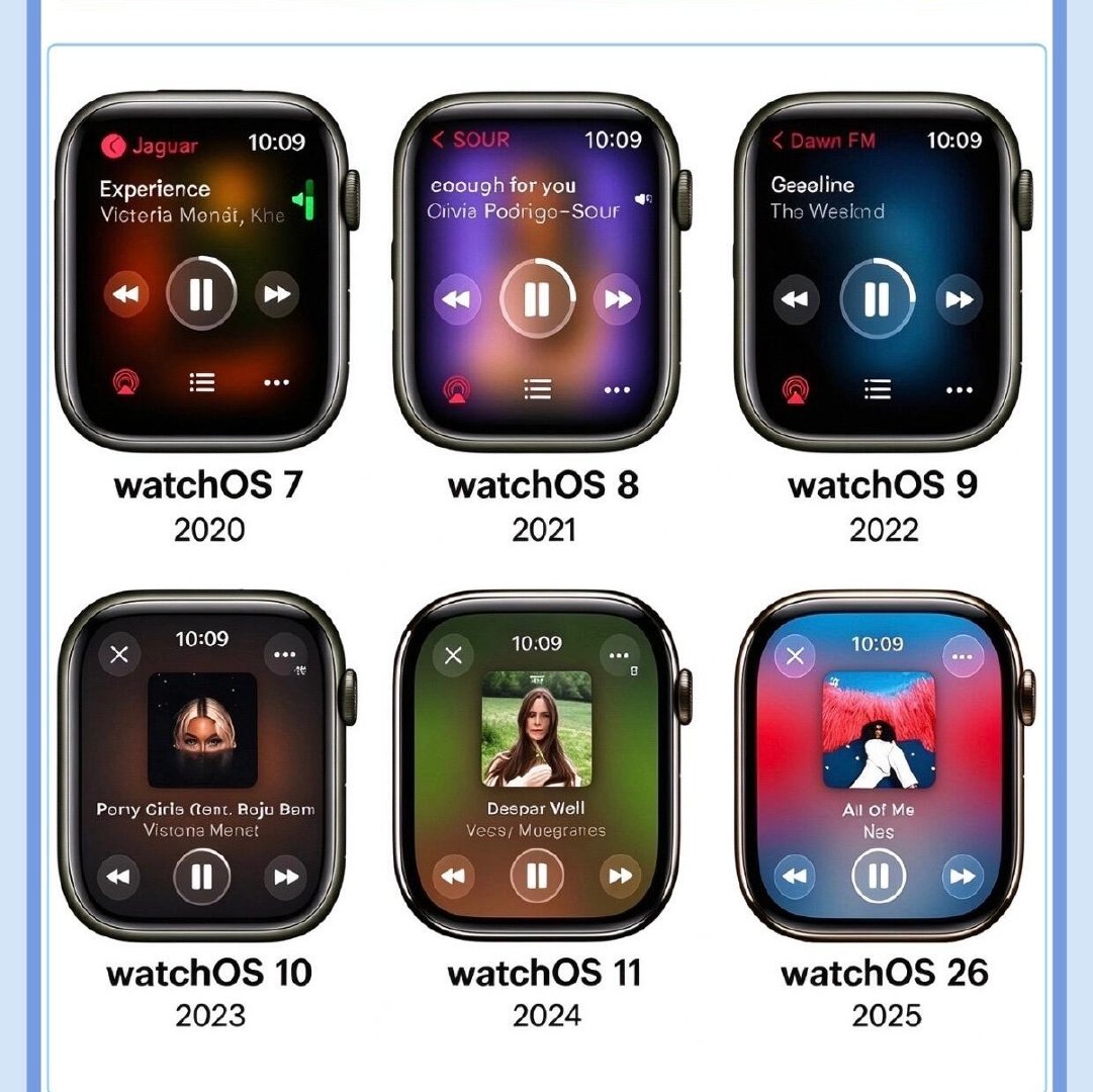 从 watchOS 7 到 watchOS 26，播放界面越来越简洁，专辑封面也越来越抢眼。你觉得哪一代最好看？ ​