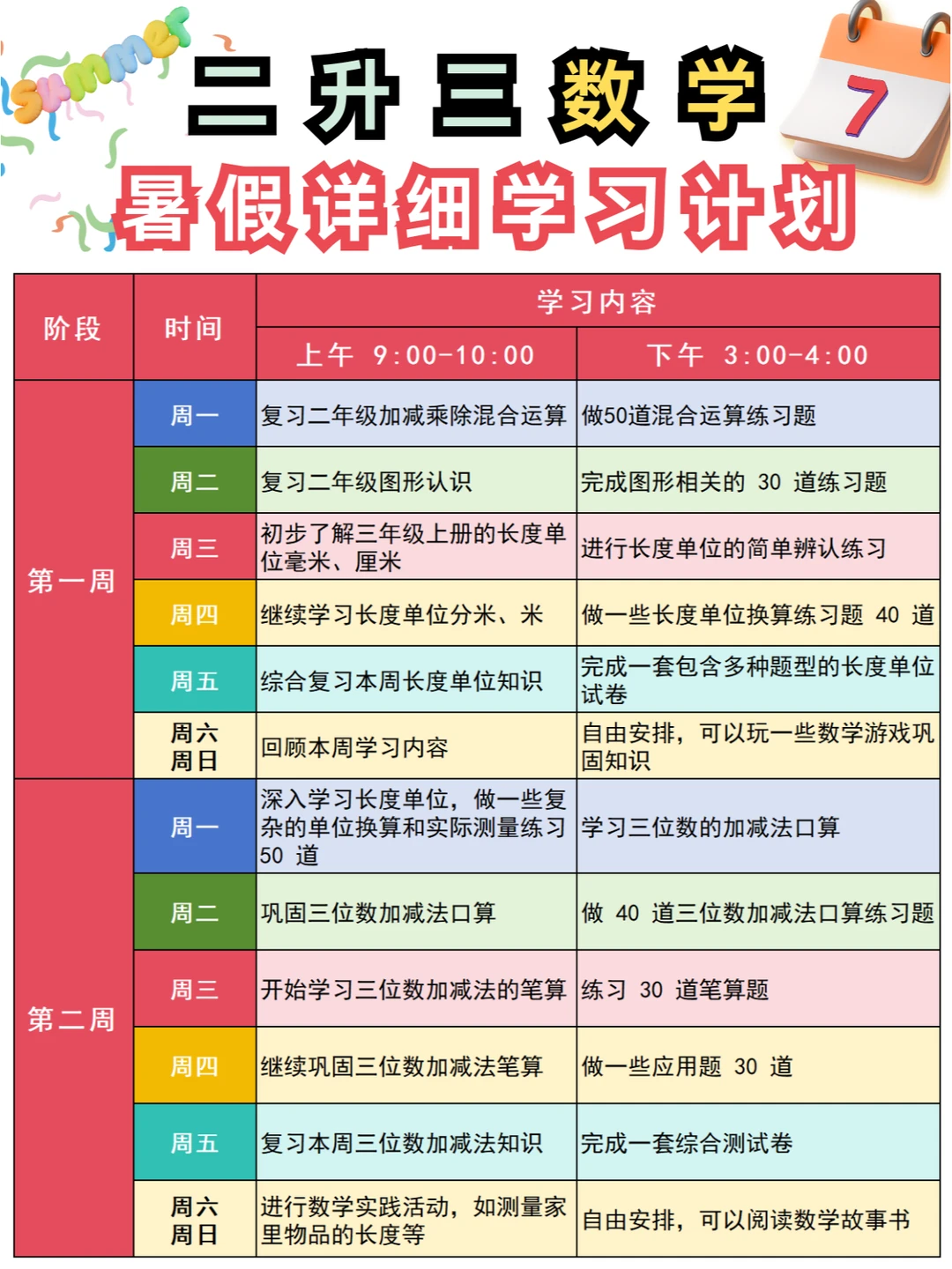 2升3暑假：数学详细学习计划+知识点汇总✅