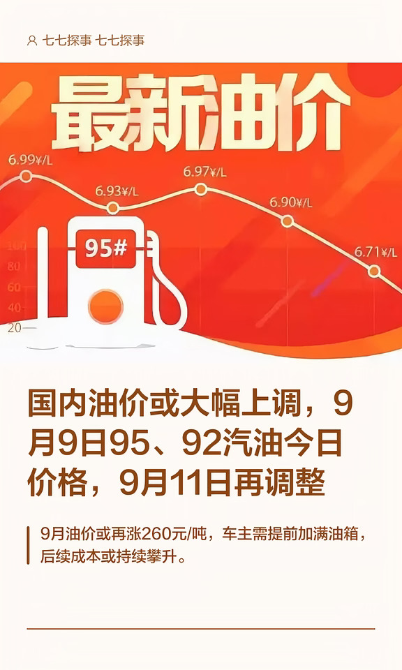 油价或大幅上调，9月9日95、92汽油今日价格