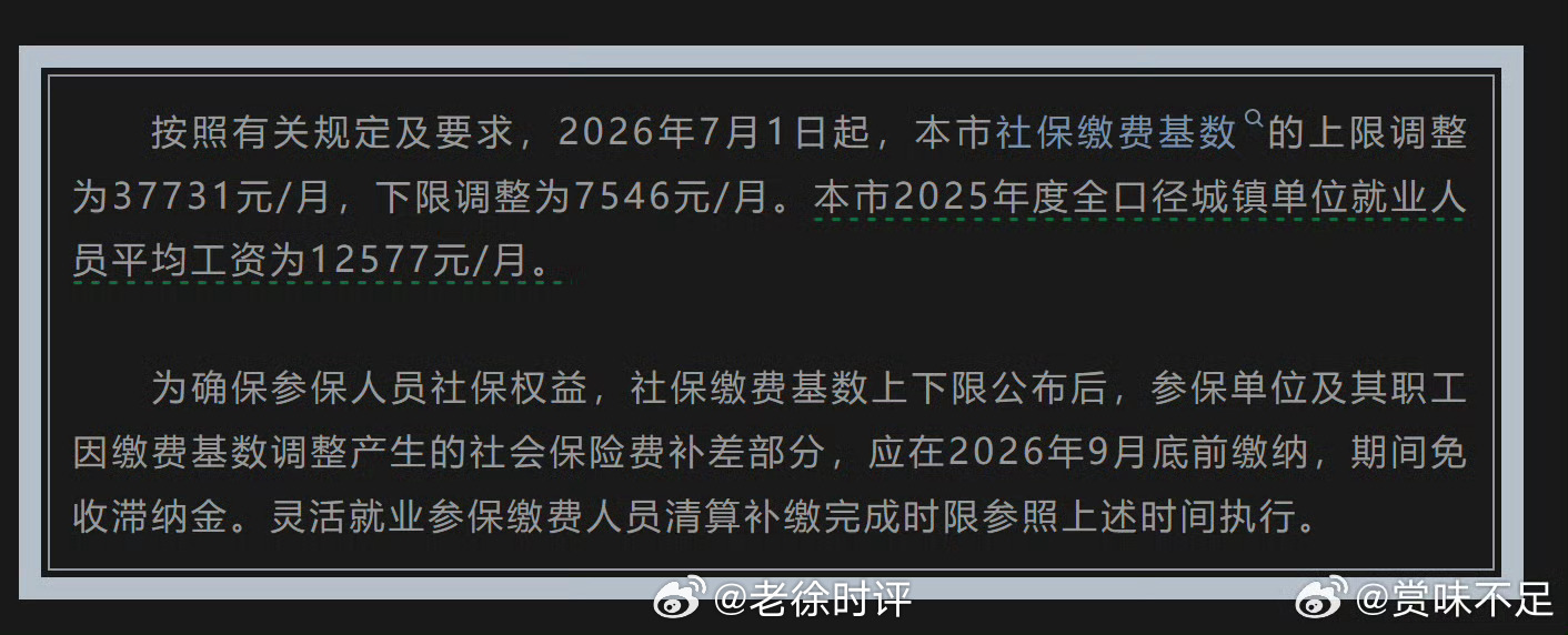 上海2026社保基数公布，社平工资12577元，下限直接涨到7546元，即使你月收入三四千，也要按照7546的基数缴纳。最难熬的恐怕还是灵活就业群体，在职职工有企业分担大半保费，个人只需要承担小部分，可灵活就业人员只能独自承担全部费用，每月要实打实拿出2263.8元，一年下来两万七千多元。很多地方不交 ​