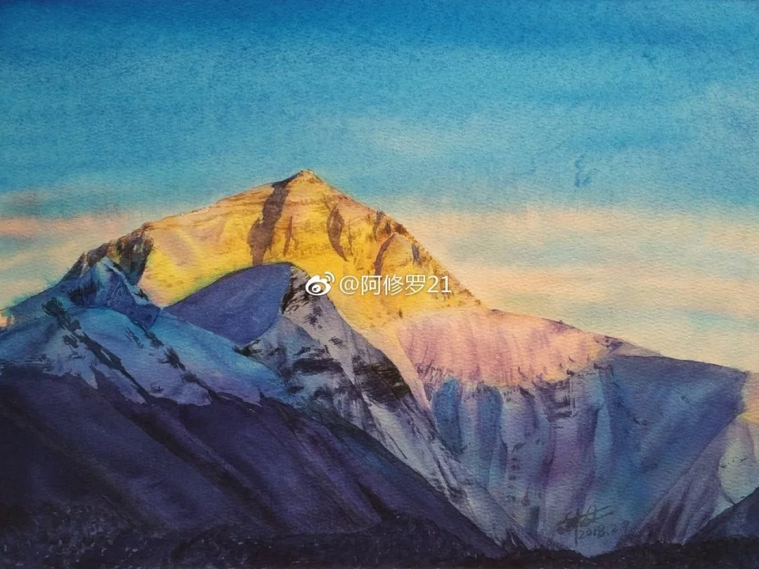 水彩，珠峰，日照金山。8k。