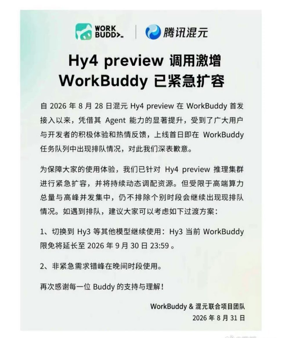 HY4 pr­e­v­i­ew调用激增，Wo­r­k­B­u­d­dy已紧急扩容”。
说明量增加太恐怖了～
腾讯在 AI 端要起来了吗？ ​