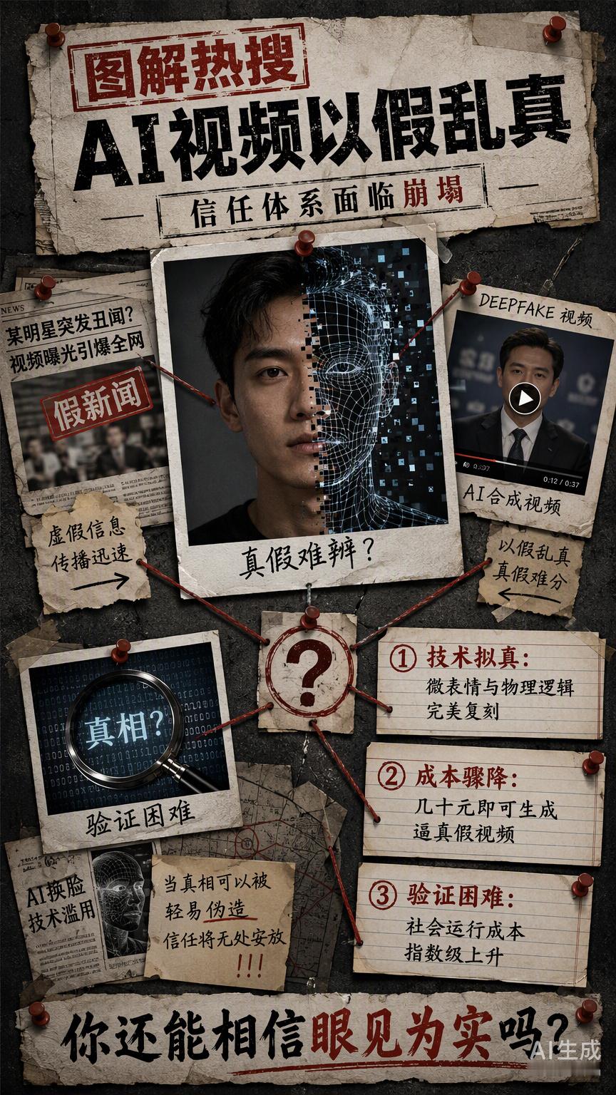 这种操作看似是算力的极限跃升，实则是把本该由物理世界承担的客观属性，转嫁成了对算法拟真度的盲目信赖。更硬核的现实是，从微表情的肌肉运动到光影的物理逻辑，AI正在通过刻意制造呼吸感和镜头抖动等“缺陷美学”，完成对实拍质感的野蛮击穿。当生成一条逼真假视频的成本压缩至几十元，验证真实的成 ​