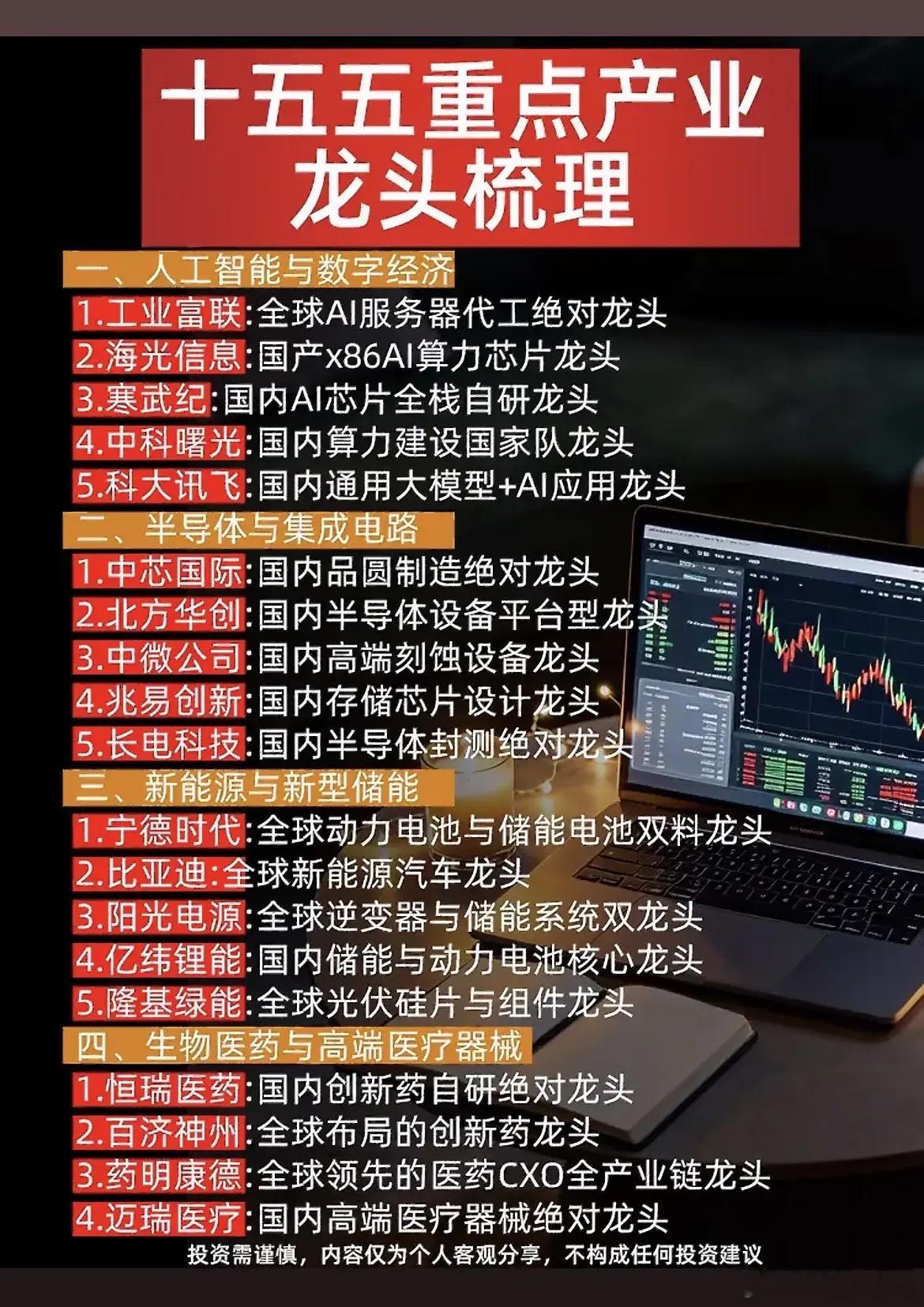 十五五重点产业方向梳理，把四大核心赛道以及对应的行业龙头整理出来。
 
人工智能与数字经济方向，覆盖AI服务器、国产算力芯片、大模型应用；半导体集成电路板块，从晶圆制造、设备、存储到封测完整布局；新能源与储能赛道，包含动力电池、新能源车、逆变器、光伏；生物医药与高端器械，创新药、CXO、 ​