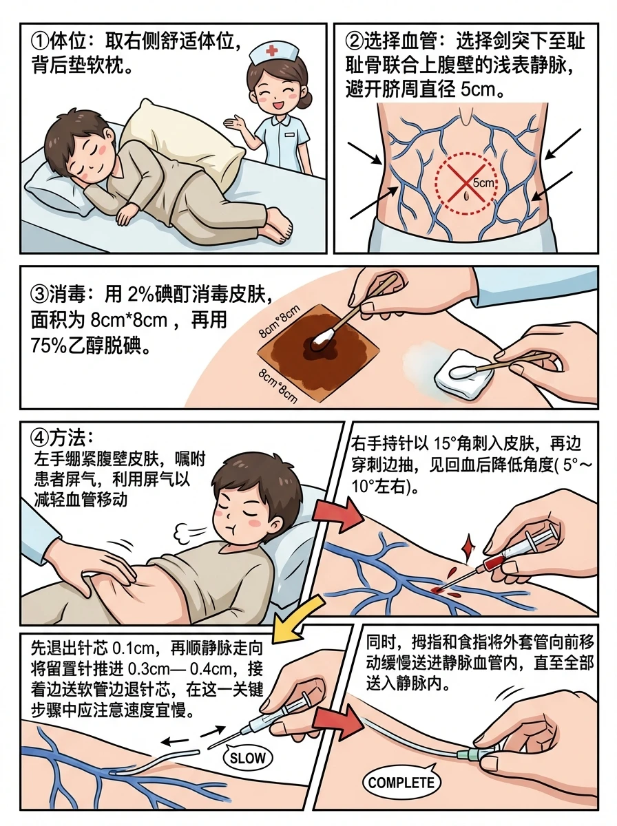 阿虎医考笔记‼️腹部浅静脉留置针穿刺要点