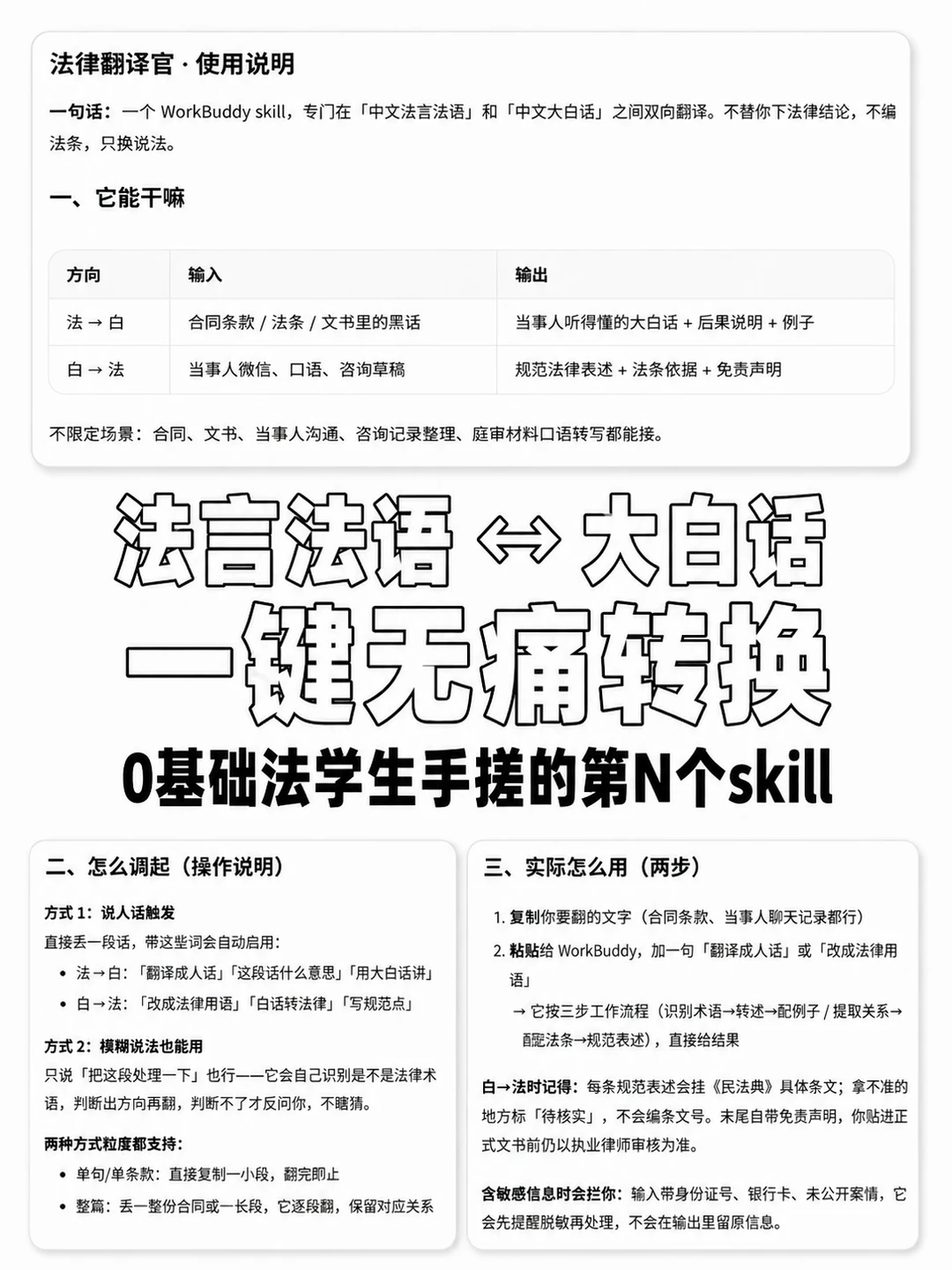支持法言法语 ⇄ 大白话双向转换的skill