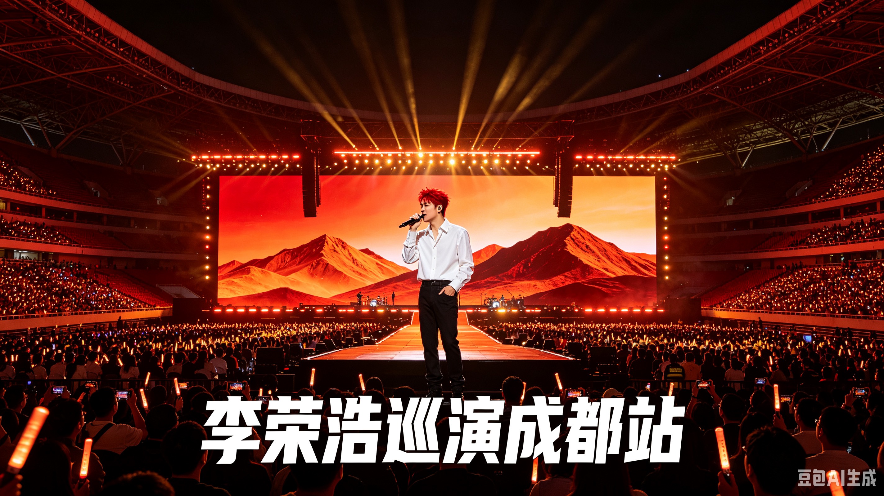 李荣浩《黑马》巡演成都站：“乌梅子酱”也得是辣味的

9月5日，李荣浩《黑马》世界巡演成都站在东安湖体育场开唱。舞台上，他以标志性的红发白衬衫造型亮相，带领全场观众合唱经典情歌《乌梅子酱》，甜美的旋律在体育场内回荡。

这场演出最亮眼的设计，是充满成都地域特色的限定舞美。《乌梅子酱》的合影环节，李荣