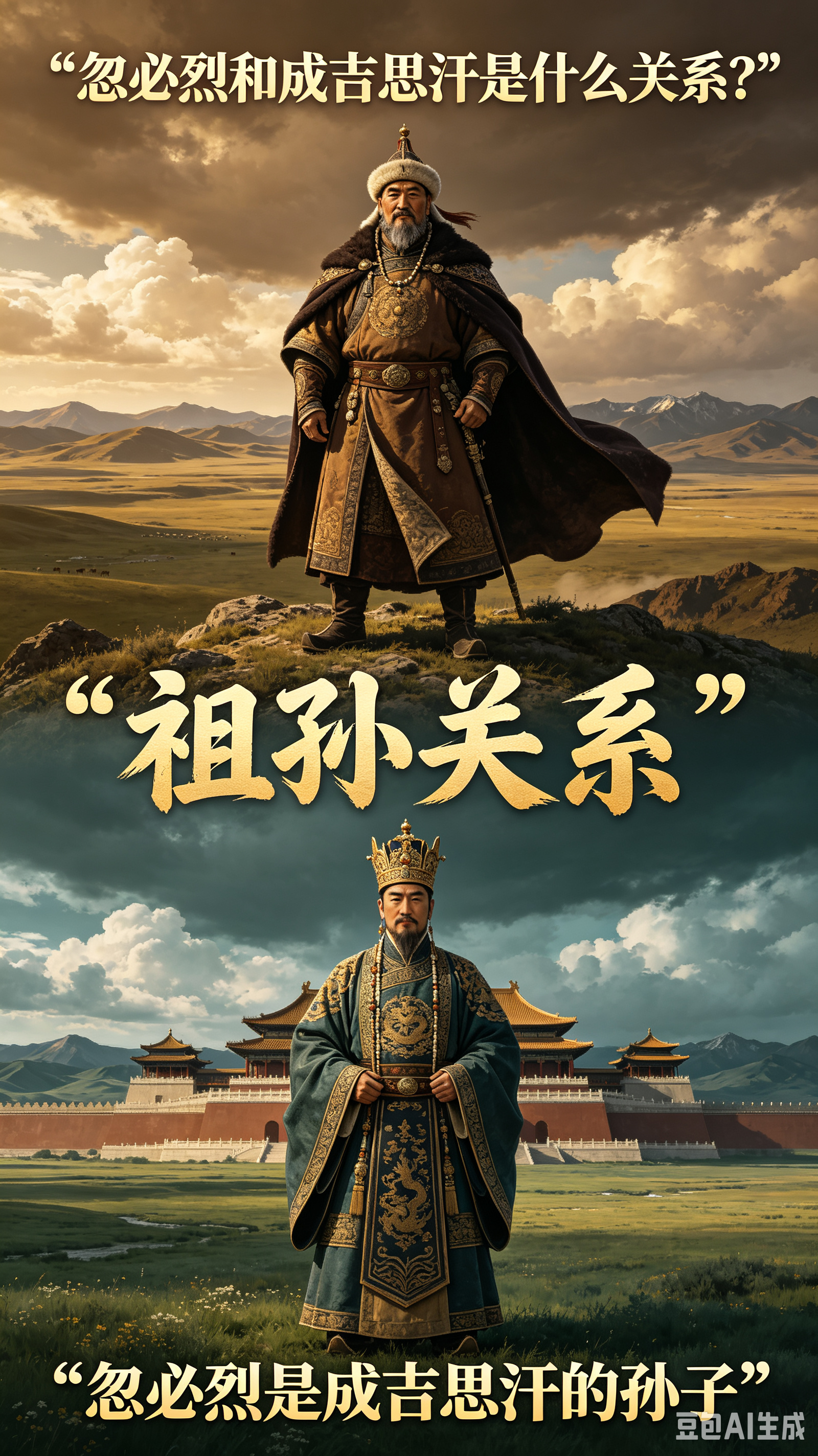 忽必烈和成吉思汗是什么关系?
 
忽必烈是成吉思汗的孙子。
成吉思汗（铁木真）的第四子是拖雷，忽必烈就是拖雷的第二个儿子。
 
成吉思汗去世后，大蒙古国先后由窝阔台、贵由、蒙哥三位大汗统治。蒙哥是忽必烈的亲哥哥，蒙哥在攻打南宋时战死，忽必烈经过激烈的汗位争夺，最终登上大汗之位。
 
忽必烈掌权之