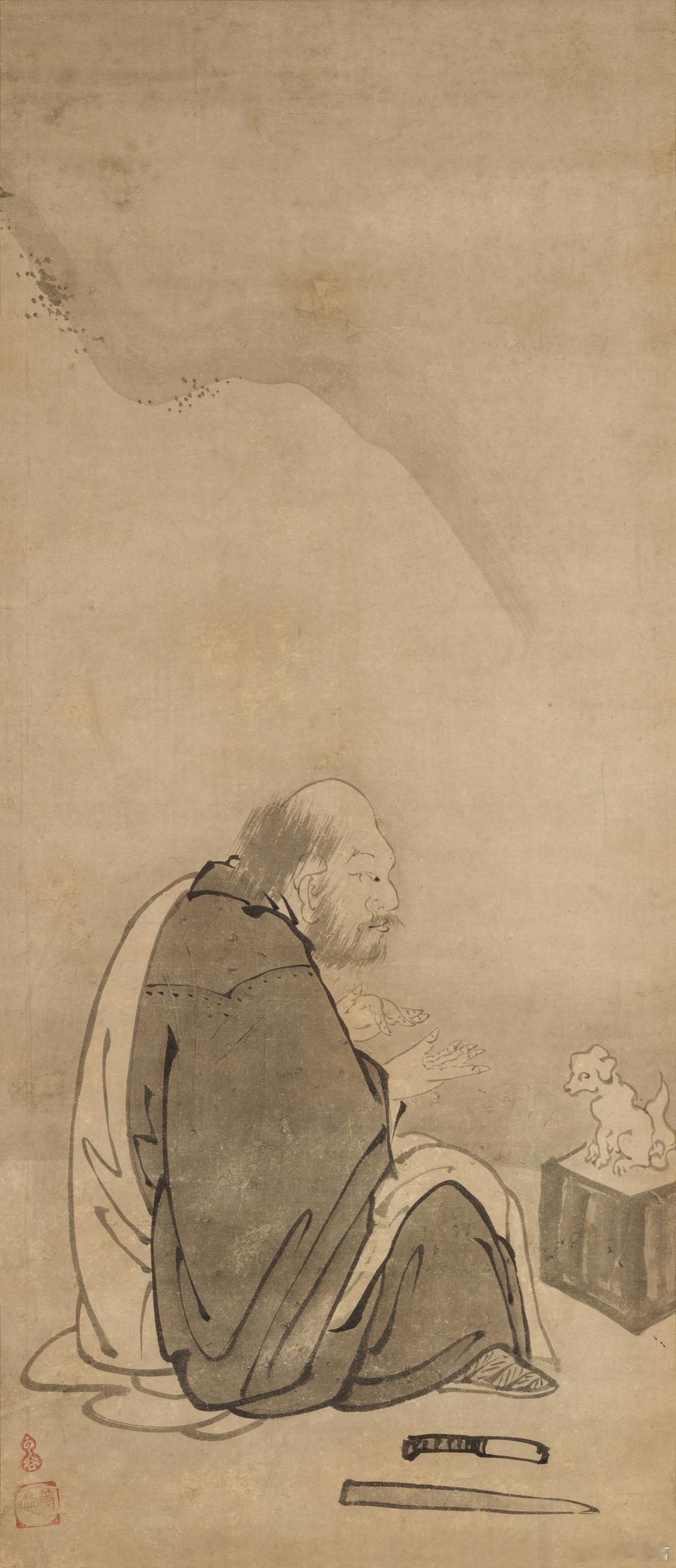 佛学文化 雲谷等益禅画：趙州狗子材质：纸本水墨尺寸：107.6×46.4厘米大都会艺术博物馆藏此图绘制唐代禅宗高僧赵州从谂（778–897），他身侧还配有一只小狗，直接呼应他最著名的禅门公案。赵州从谂，是中国禅宗史上最具标志性的公案宗师，他最广为人知的典故，就是禅门第一公案“狗子佛性”。有僧人问他“狗子还有没有佛性？”，他只答了一个字“无”。这个字绝非字面意义上的“没有”——按照大乘佛教《涅槃经》的教义，一切有情众生本具佛性，赵州的“无”是一记截断众流的禅门棒喝，直接叫停修行者在逻辑思辨里钻牛角尖的惯性，把人从“有/无”的二元对立概念迷局里拽出来，直接触发对本心的直观体悟。这则公案被收录进《无门关》作为开篇第一则，千年来一直是中日禅僧最核心的参究话头。创作者云谷等益所属的云谷派，是日本室町时代到江户时代极具影响力的画派，该派画师世代作为毛利氏的专属御用宫廷画师，承袭中国宋元水墨画的风骨，同时融入日本关东禅画的刚劲笔意，在16-17世纪的日本西部禅林拥有极高的话语权，大量禅院的供奉画...