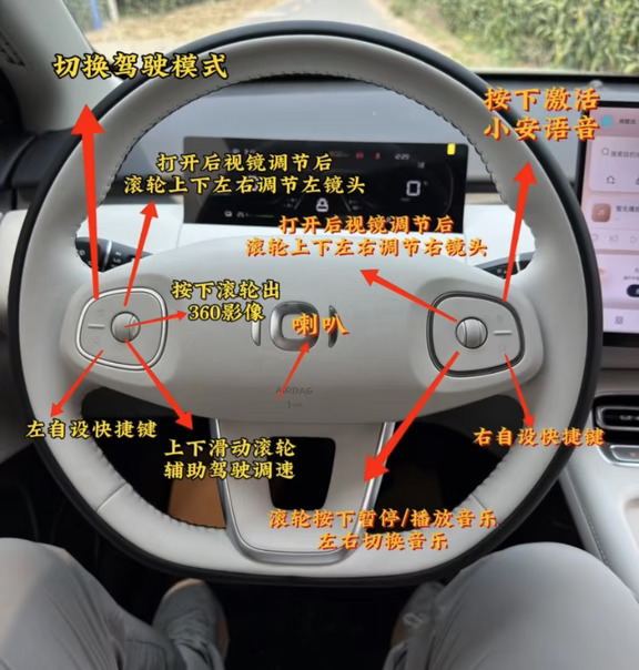 长安启源Q05｜方向盘隐藏快捷键✨新手必收藏
提车启源Q05，方向盘按键一定要吃透！皮质方向盘握感舒适，所有操作都能双手不离方向盘，行车更安全。
左侧MODE键一键切换驾驶模式，滚轮可一键调出360°全景影像，开启辅助驾驶后，调节巡航速度和跟车距离。
右侧按键一键唤醒语音小安，滚轮调节音量、切歌、接听挂断电话。两侧星号自定义按键，可设置行车记录仪、拍照等快捷功能。
不用在大屏上点点点，高速、窄路会车轻松操作，细节拉满，家用代步超省心。
#长安启源Q05 #启源Q05用车小技巧 #多功能方向盘 #新能源家用SUV #买车干货#央企新能源严选