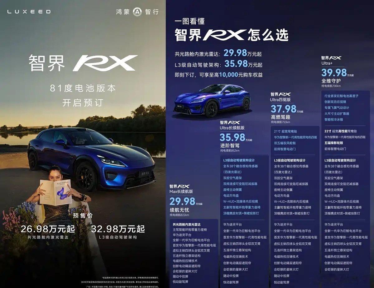 周一早！#智界RX发布会定档# ，这款车预售价26.98-39.98万，显然是奔着小米YU7来的，后者价格是23.35-32.99万。所以，智界RX最终定价会是多少？#享界V8将于9月28日开启预订##华为乾崑将持续推进问界产品升级# ​
