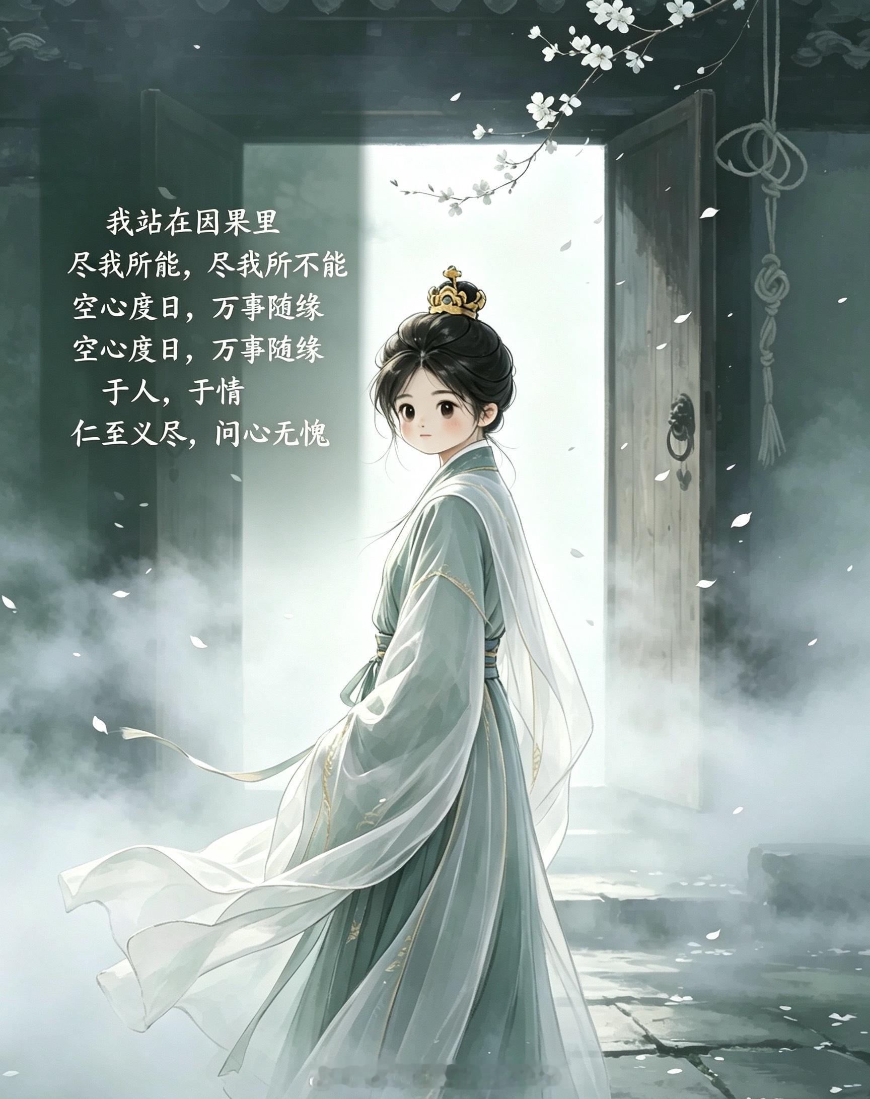 我站在因果里，尽我所能，尽我所不能，空心度日，万事随缘，于人，于情，仁至义尽，问心无愧。 ​​​