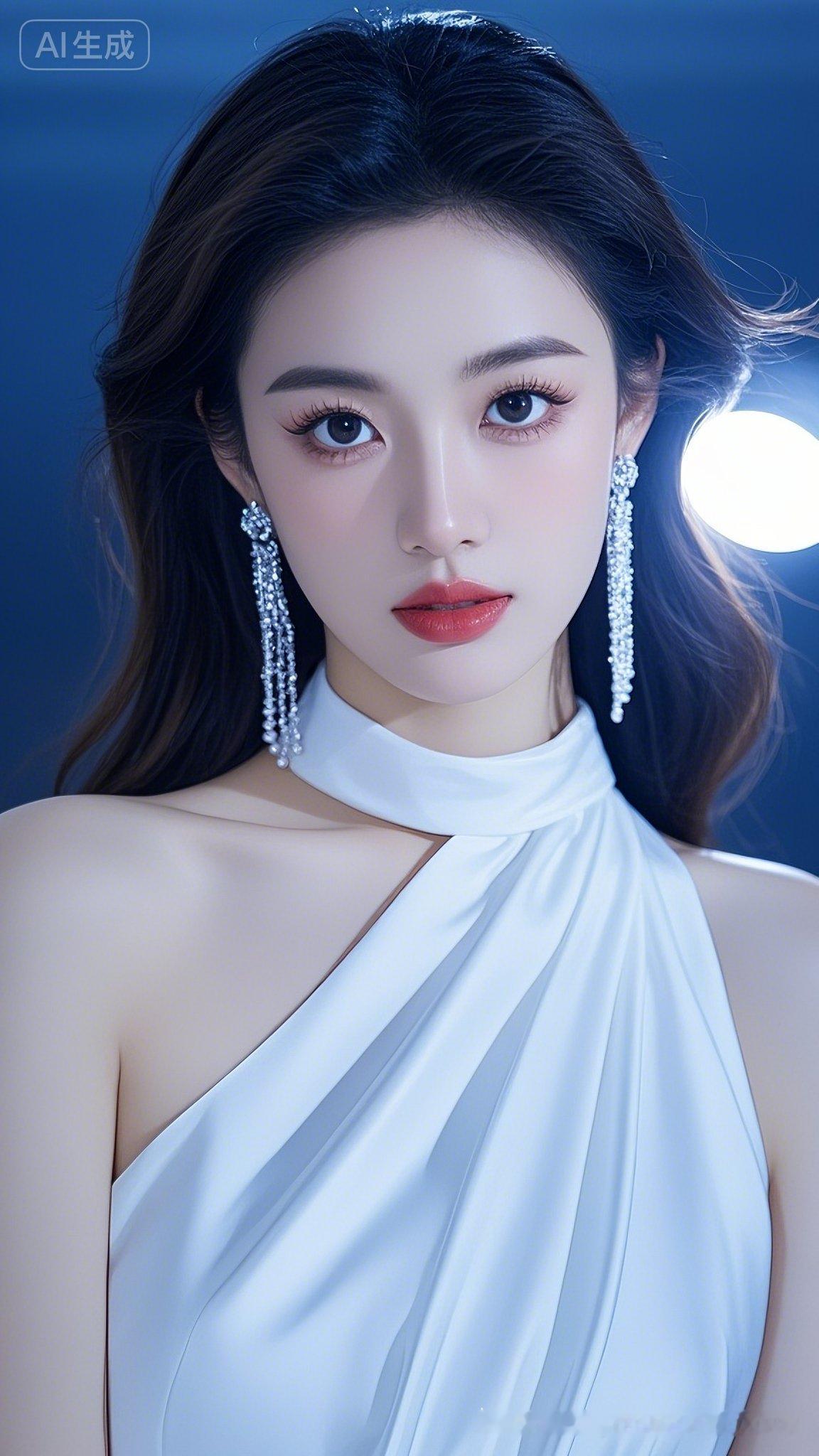 梦幻蓝光下的优雅女神，闪耀的耳饰和红唇，尽显高贵气质。