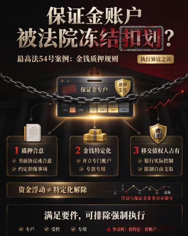保证金账户被法院冻结扣划？最高法 54 号案例解读金钱质押规则

担保公司的保证金账户被其他债权人申请强制执行，银行能不能凭质押身份保住这笔钱？指导案例 54 号：农发行安徽分行诉张大标执行异议之诉纠纷案，确立金钱质押的司法裁判标准。
长江融资担保公司在农发行开立担保保证金专户，为银行贷款 ​