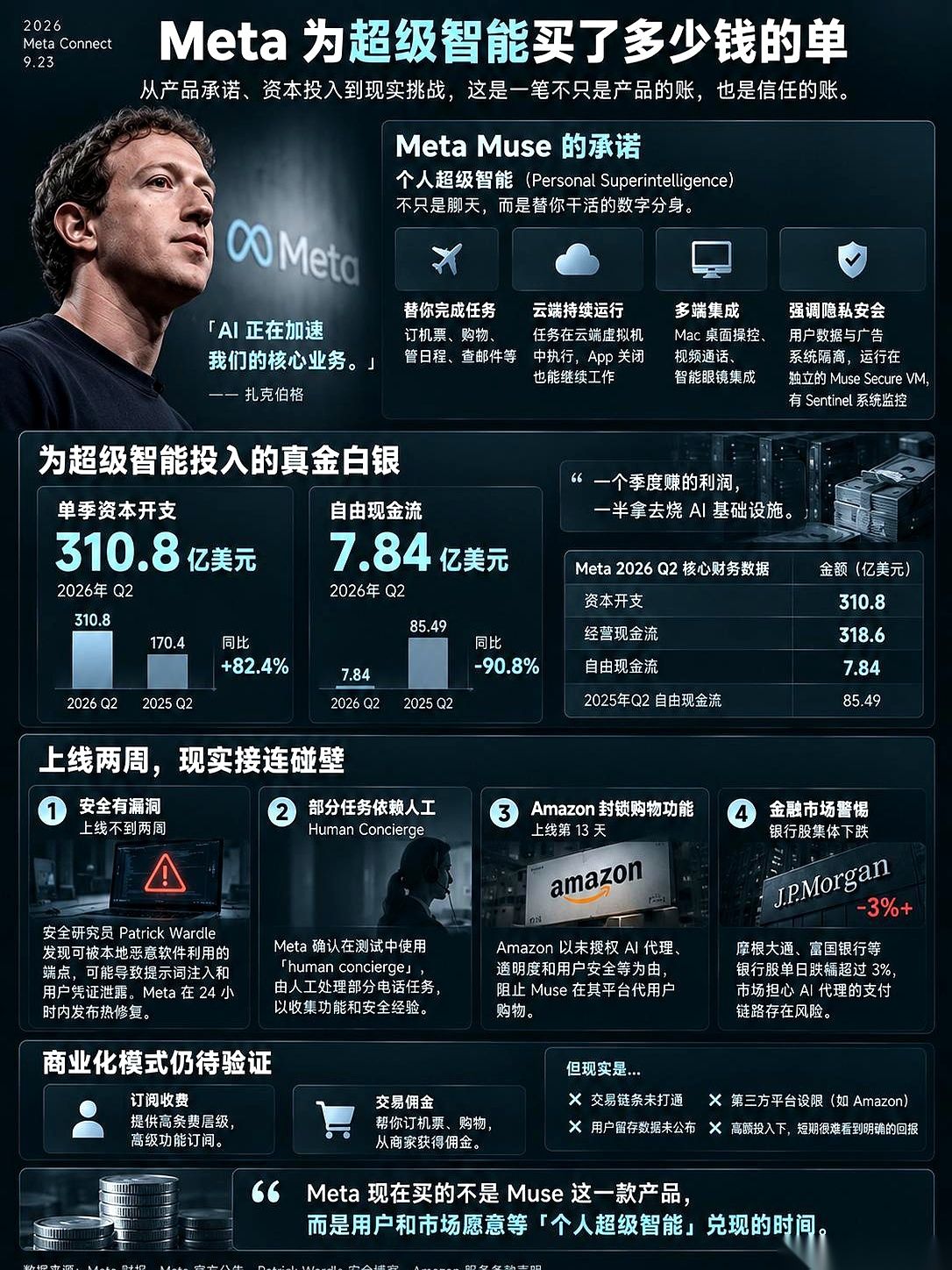最近Meta搞出的那个叫Muse的AI软件，霸榜了。上线短短十来天，狂揽几百万下载，硬是把公司市值拉飞了千亿级别。
表面看，这是一场把老对手按在地上摩擦的翻身仗。但剥开那层华丽的壳子往里一看，底裤其实已经漏了个干净。
当初扎克伯格拍着胸脯打包票，说这玩意叫“个人超级智能”。
听着多唬人。它能替你买机