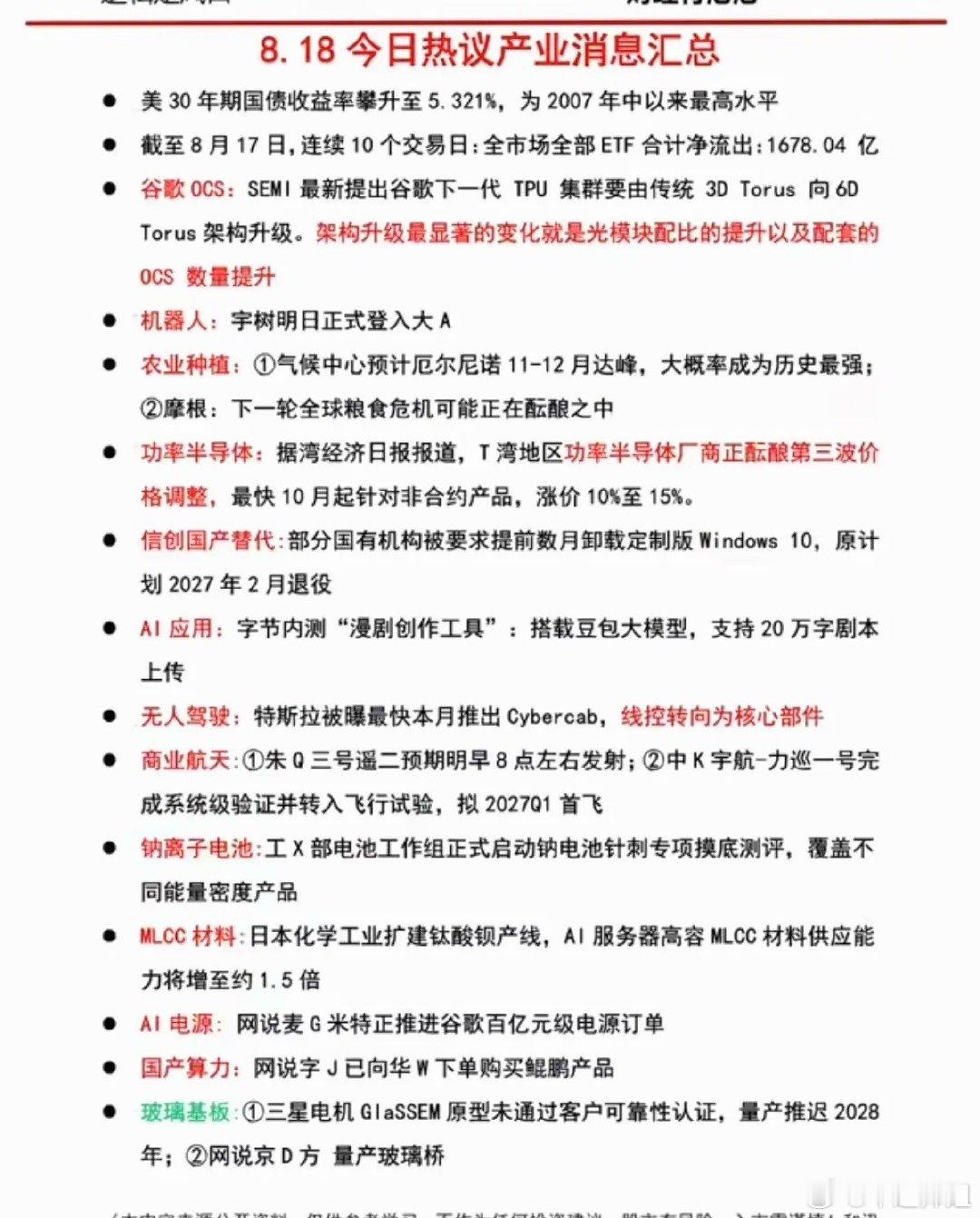 8.18周二晚间：财经热点信息汇总！

1.谷歌OCS
2.农业种植
3.功率半导体
4.信创国产替代
5.钠离子电池
6.国产算力
#5倍存储牛股净利暴增19倍# ​